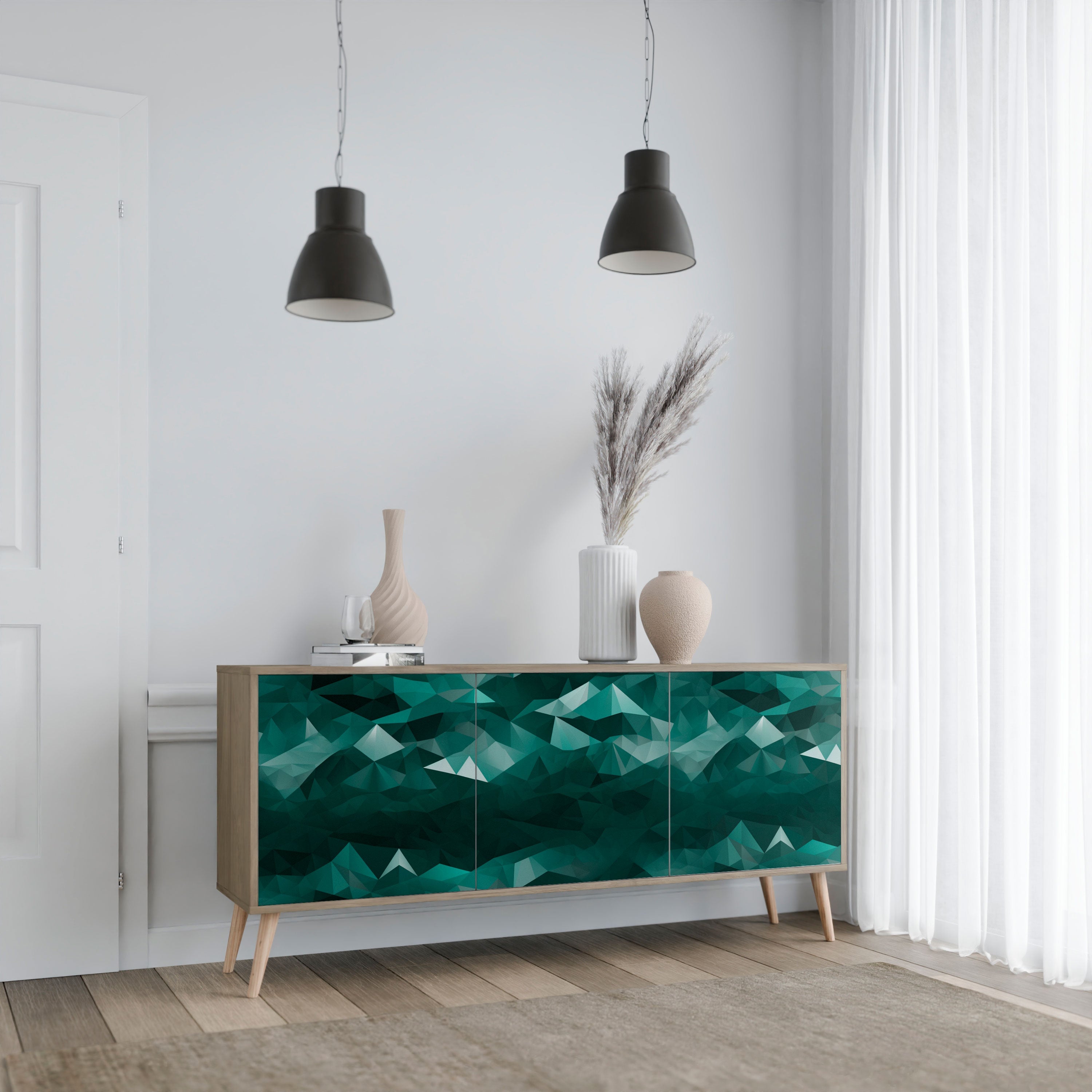 Buffet flottant polygonal à 3 portes effet chêne