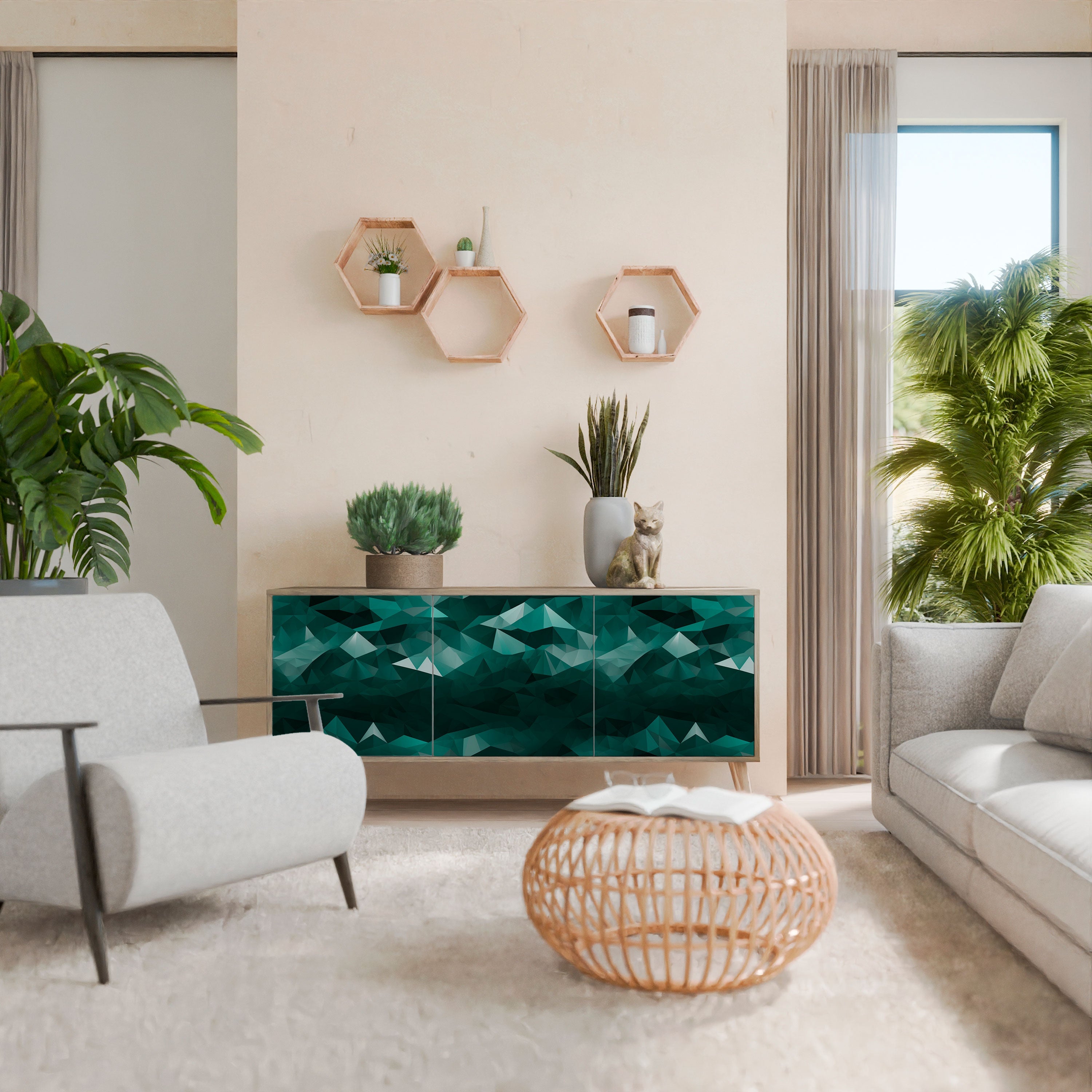 Buffet flottant polygonal à 3 portes effet chêne