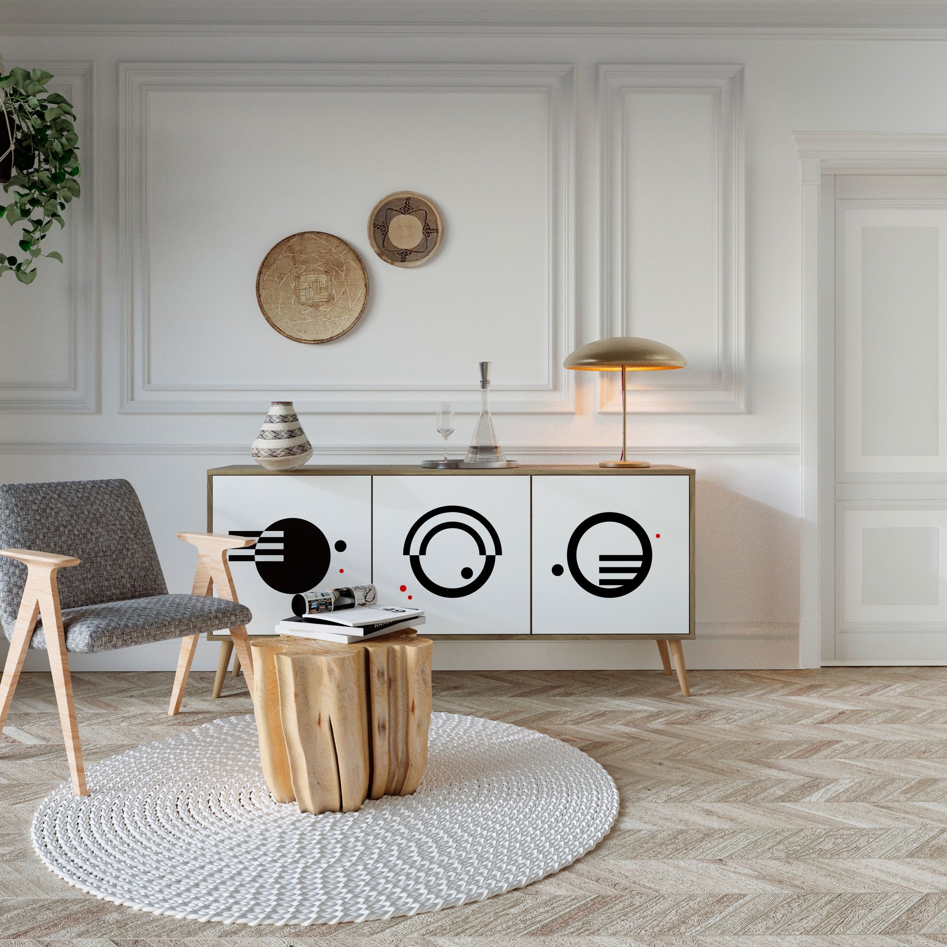 Buffet 3 portes effet chêne, combinaison noir et blanc