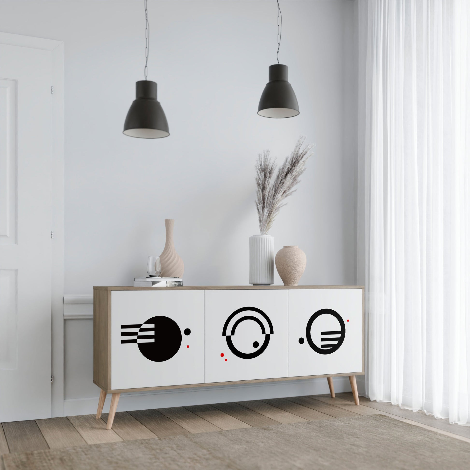 Buffet 3 portes effet chêne, combinaison noir et blanc