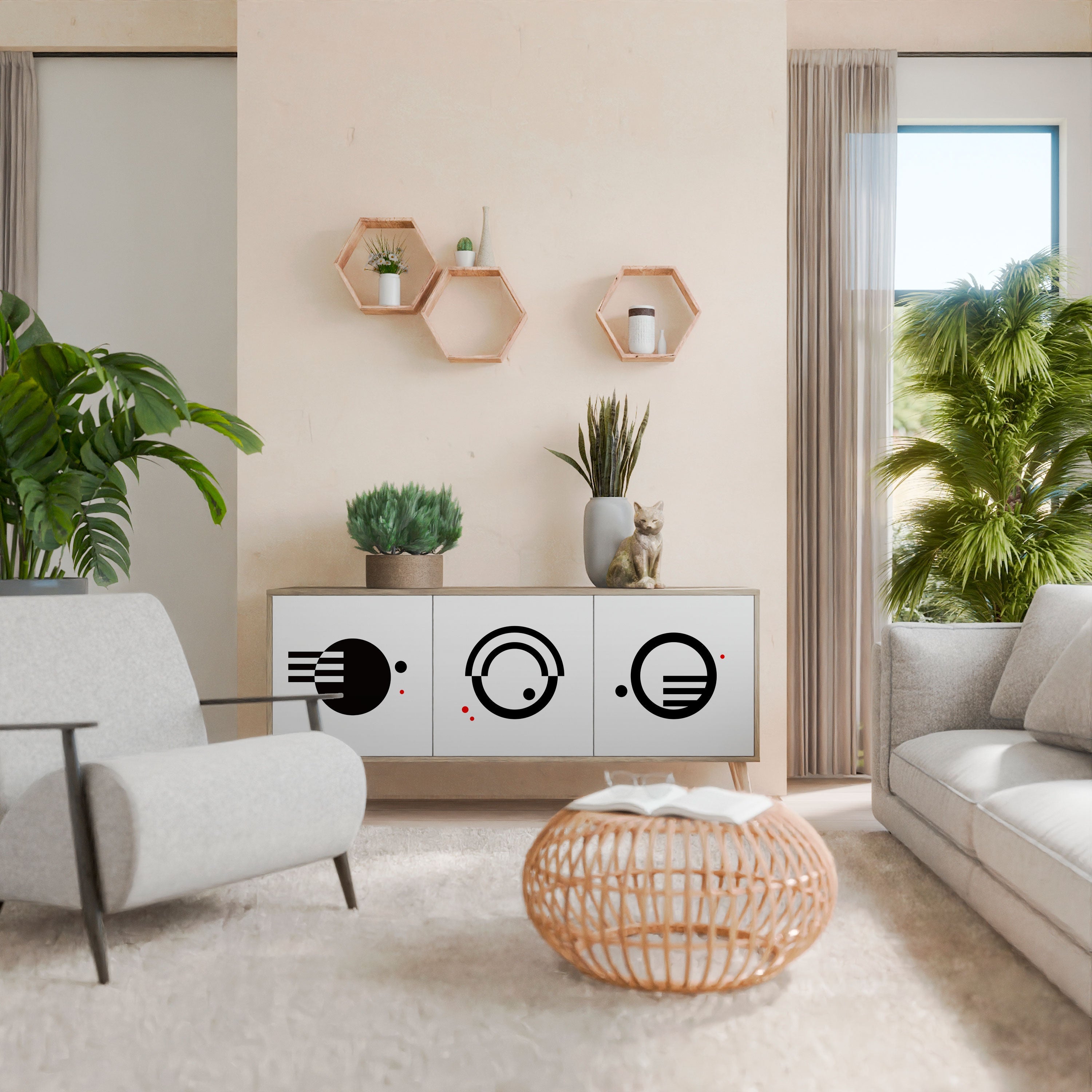 Buffet 3 portes effet chêne, combinaison noir et blanc