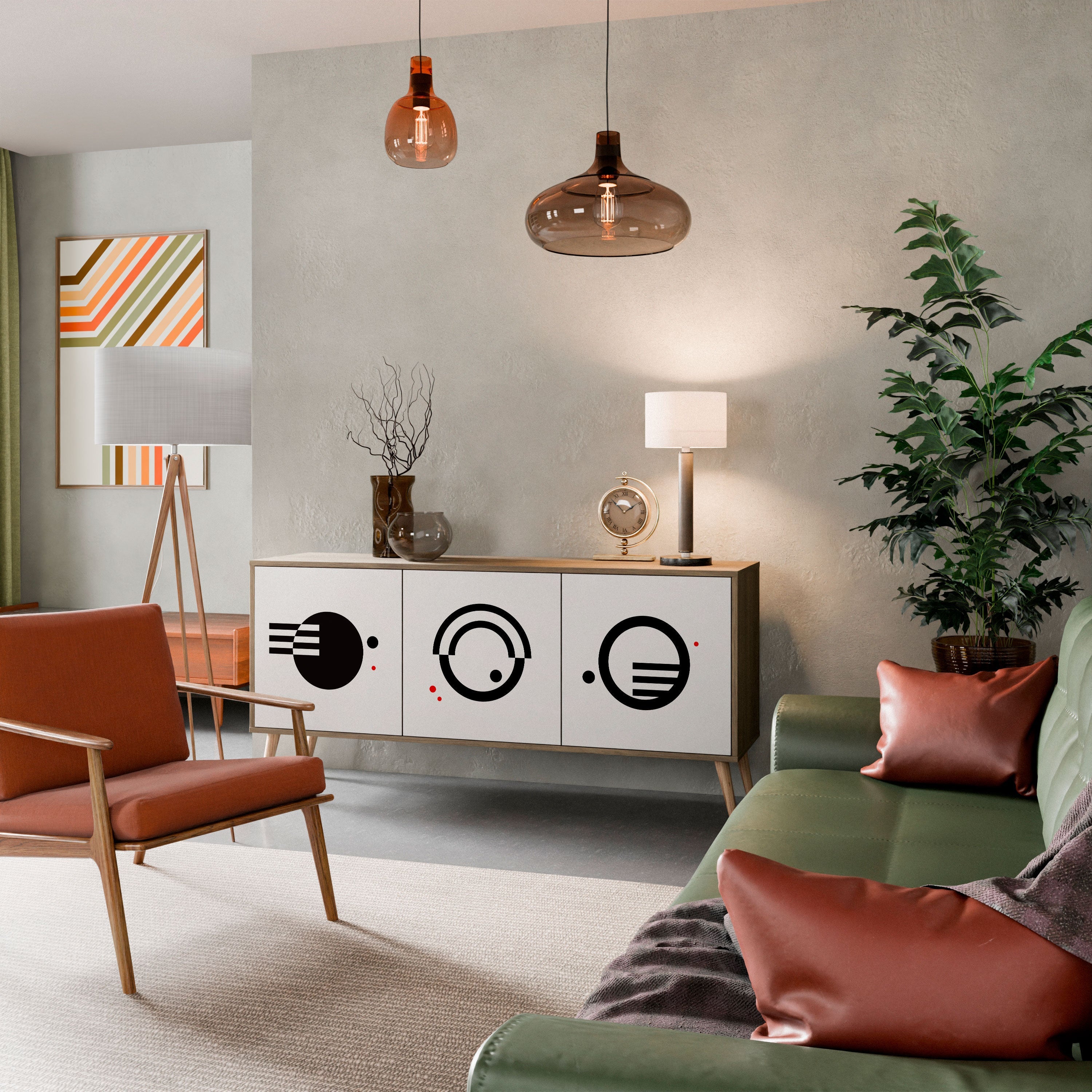 Buffet 3 portes effet chêne, combinaison noir et blanc