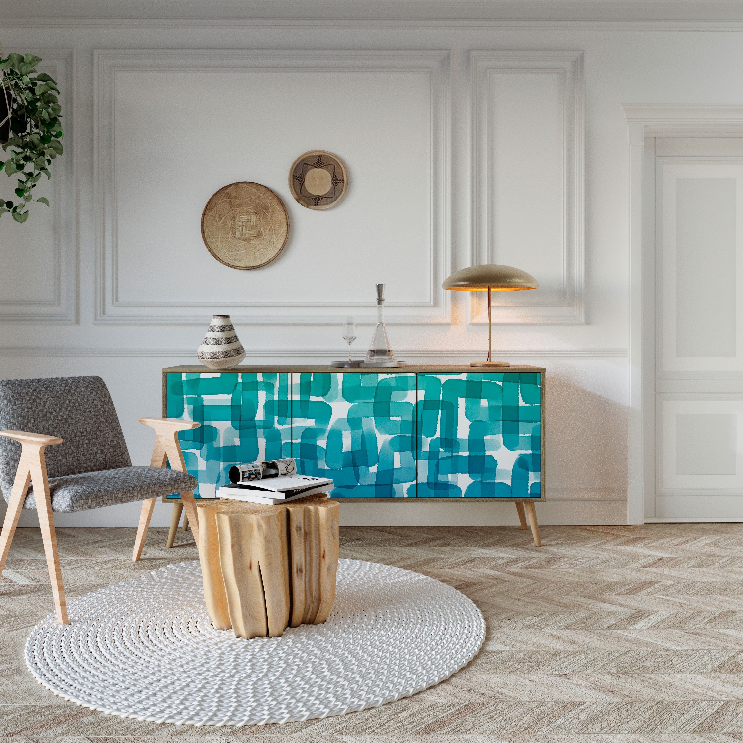 Buffet 3 portes TURQUOISE RECTANGLES effet chêne