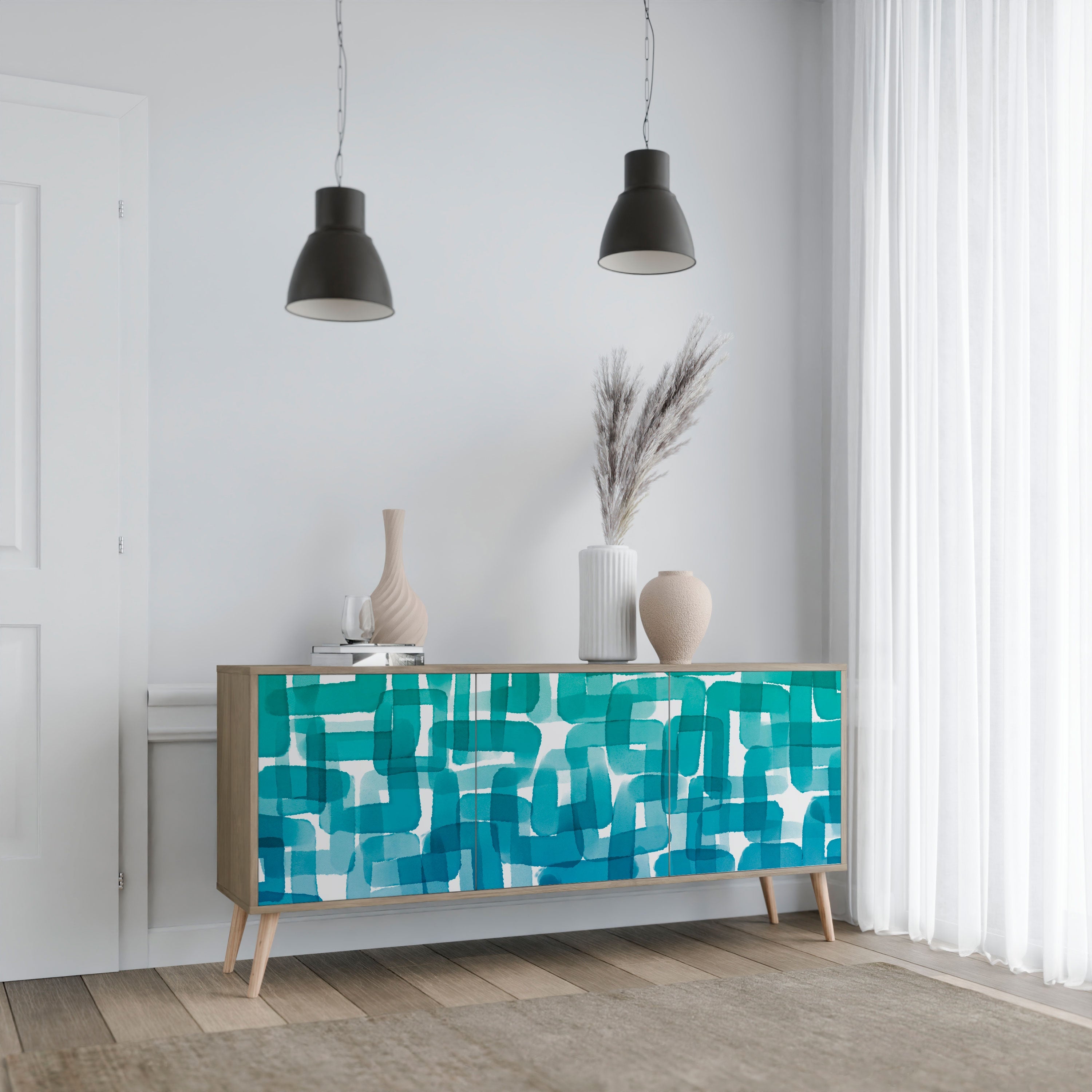 Buffet 3 portes TURQUOISE RECTANGLES effet chêne