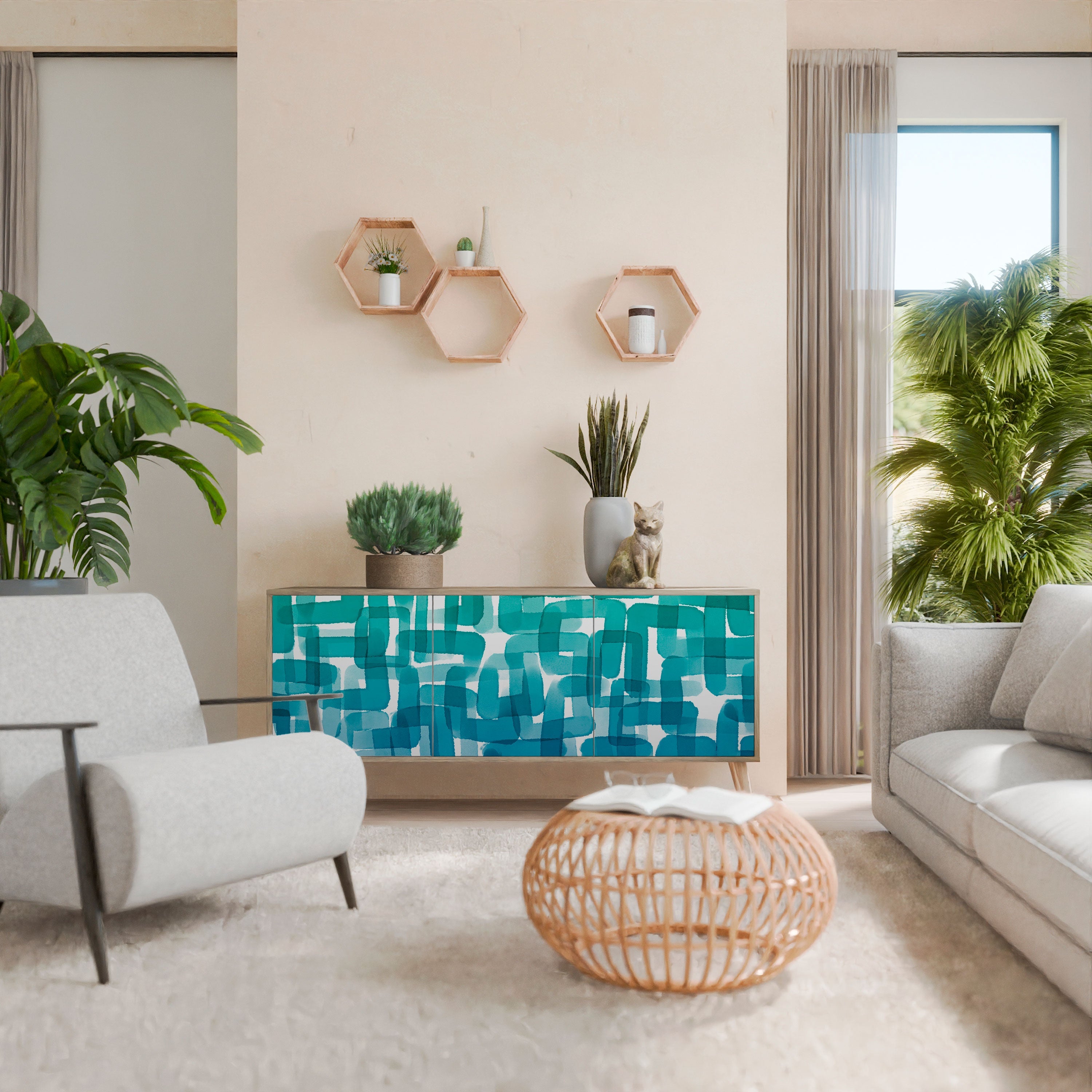 Buffet 3 portes TURQUOISE RECTANGLES effet chêne