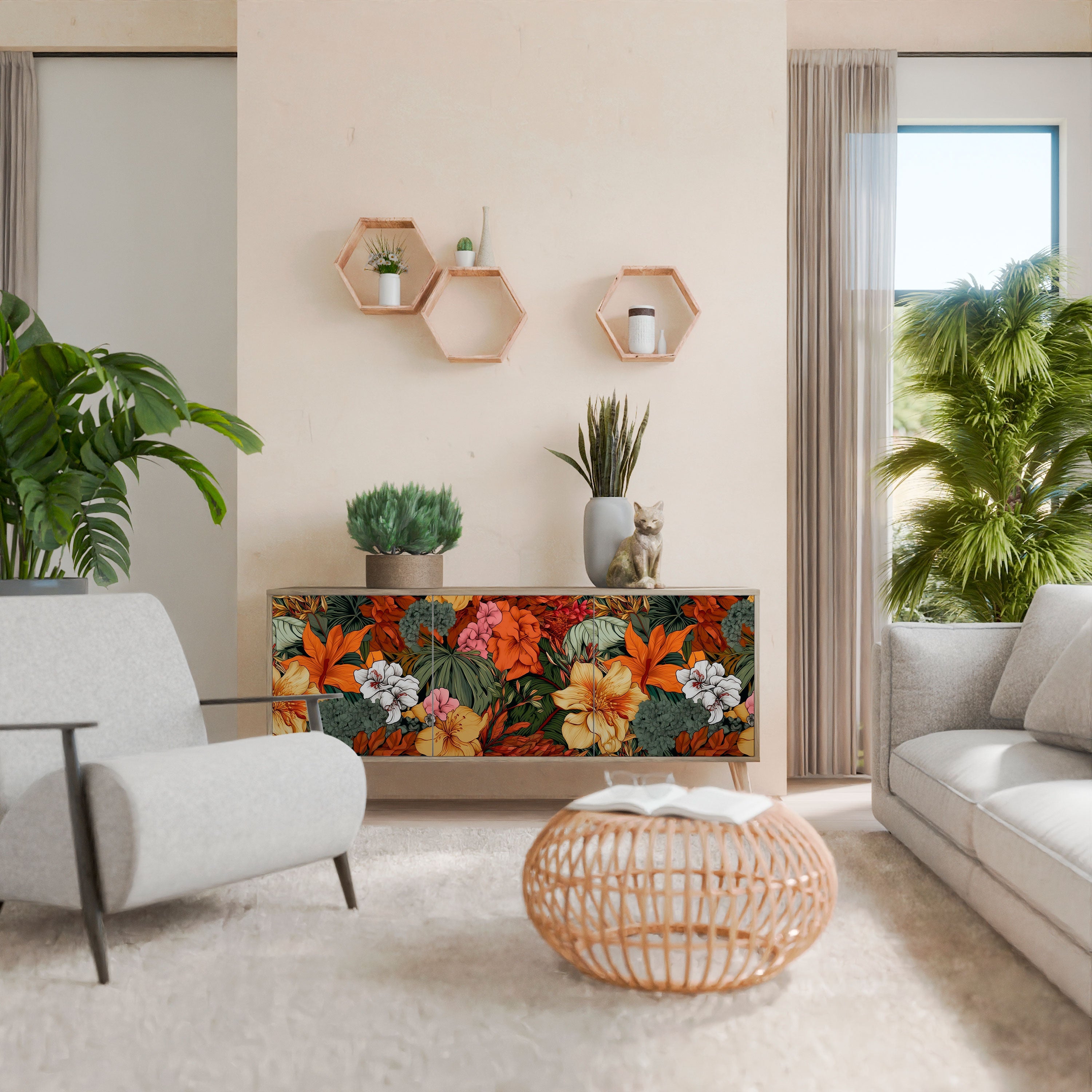 Buffet 3 portes RADIANT FLORA effet chêne