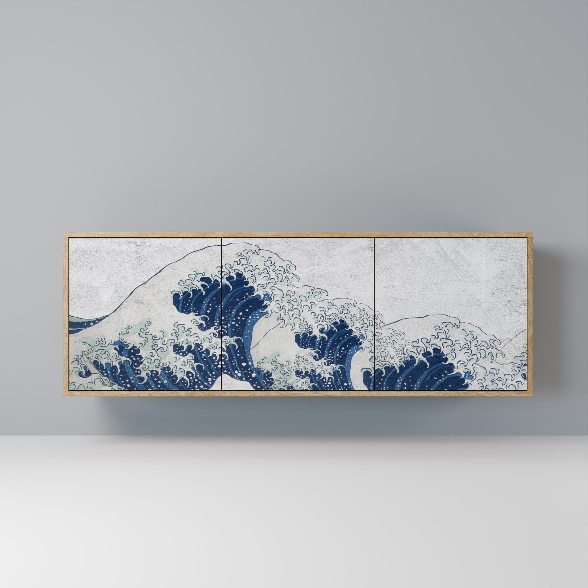 Buffet 3 portes LA GRANDE VAGUE DE KANAGAWA effet chêne