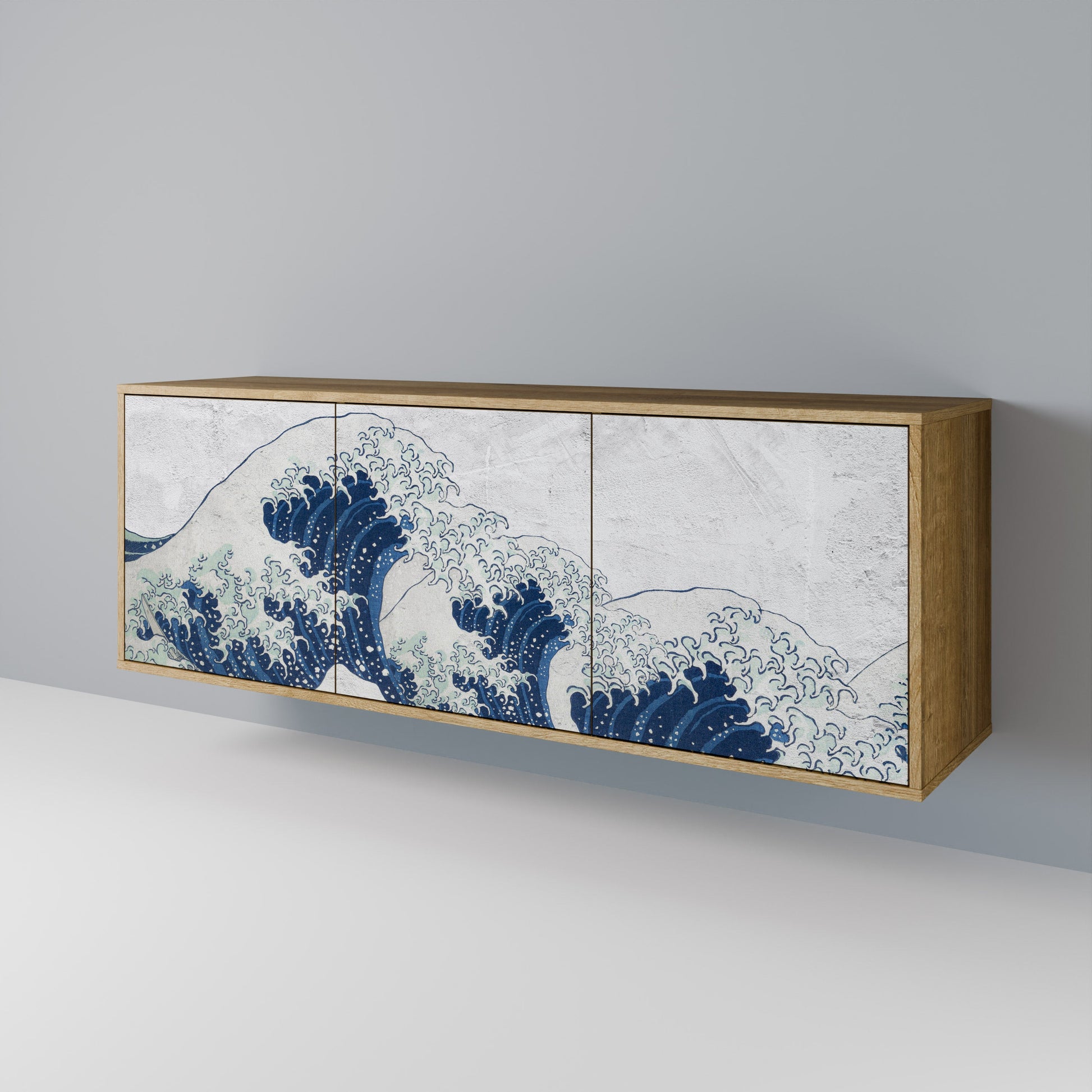 Buffet 3 portes LA GRANDE VAGUE DE KANAGAWA effet chêne