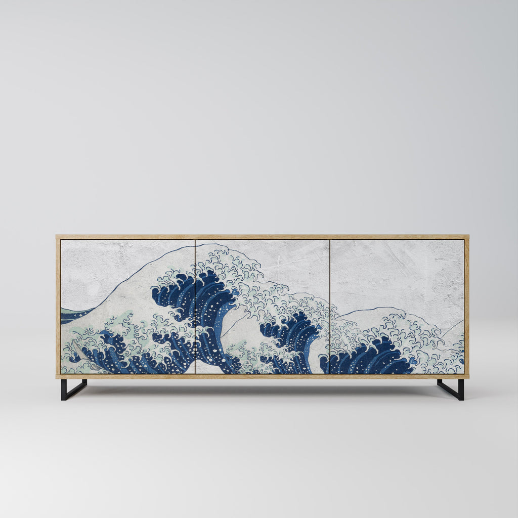 Buffet 3 portes LA GRANDE VAGUE DE KANAGAWA effet chêne