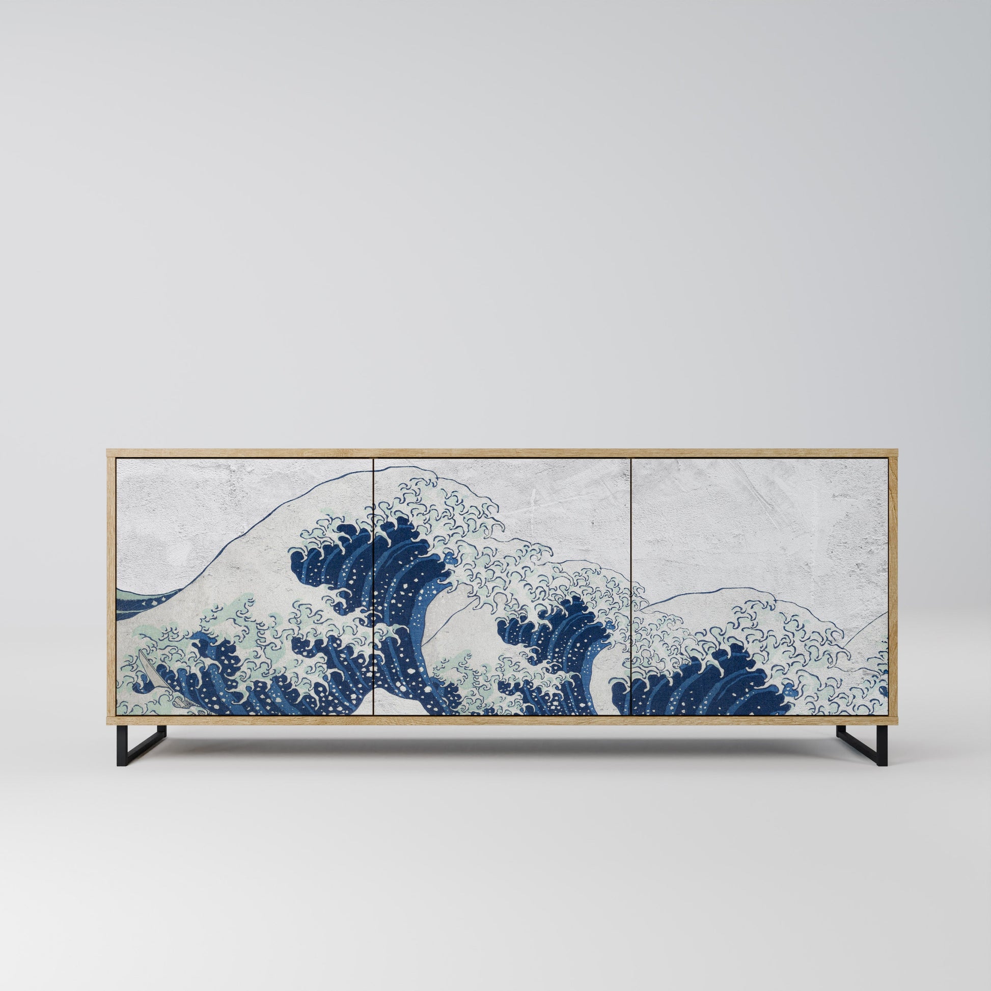 Buffet 3 portes LA GRANDE VAGUE DE KANAGAWA effet chêne