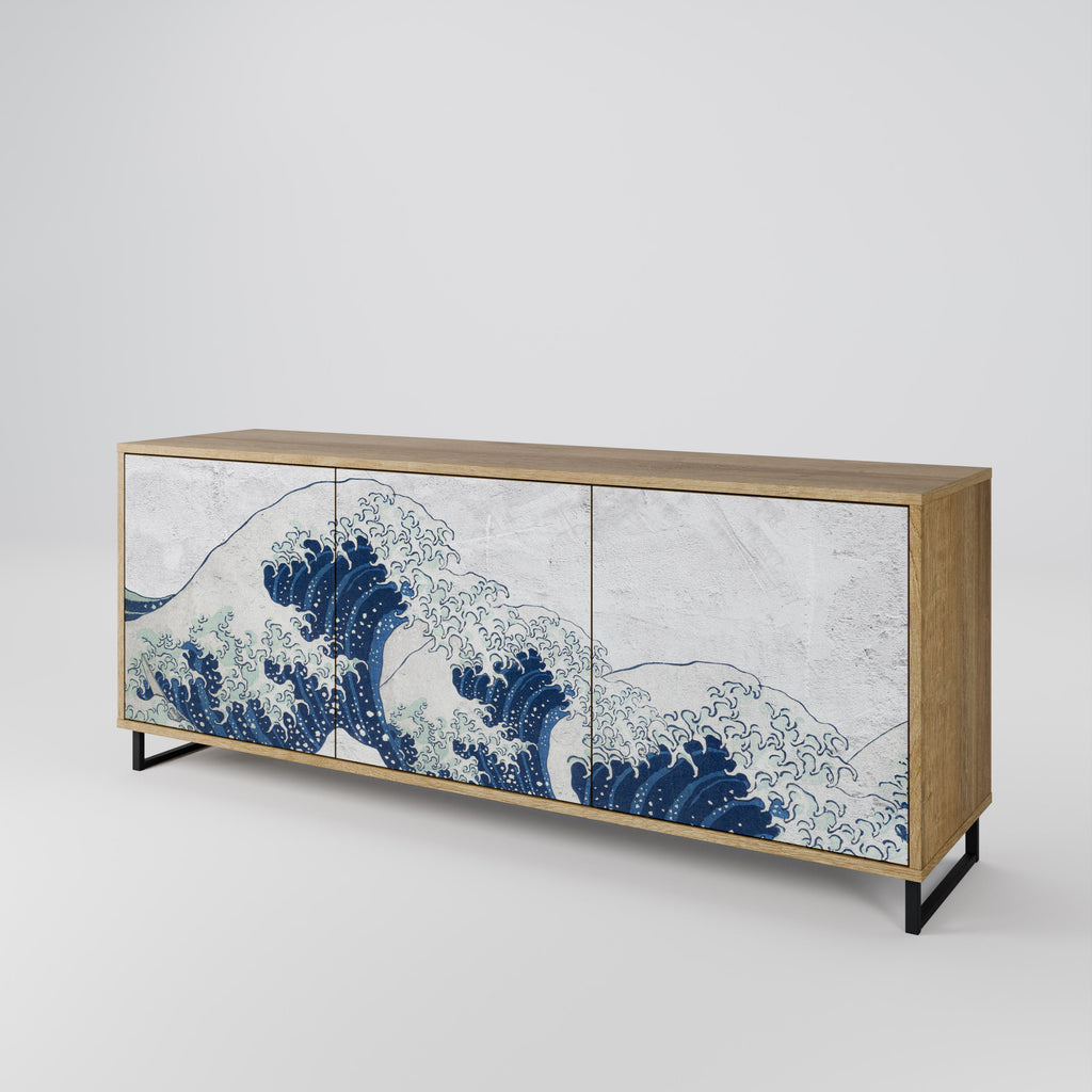 Buffet 3 portes LA GRANDE VAGUE DE KANAGAWA effet chêne