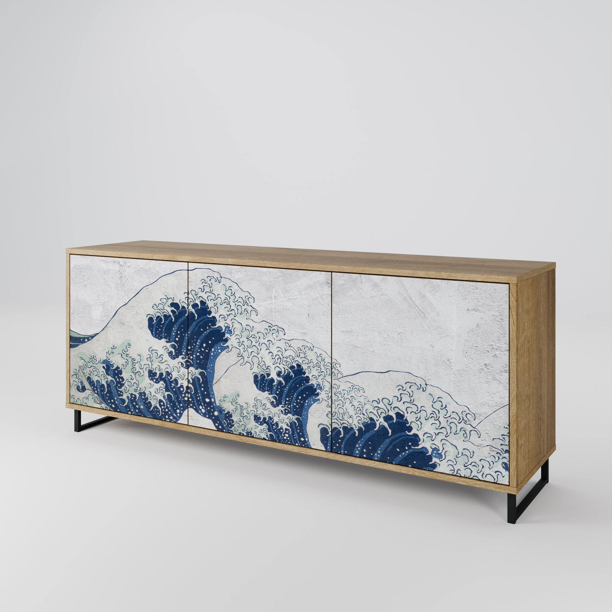 Buffet 3 portes LA GRANDE VAGUE DE KANAGAWA effet chêne