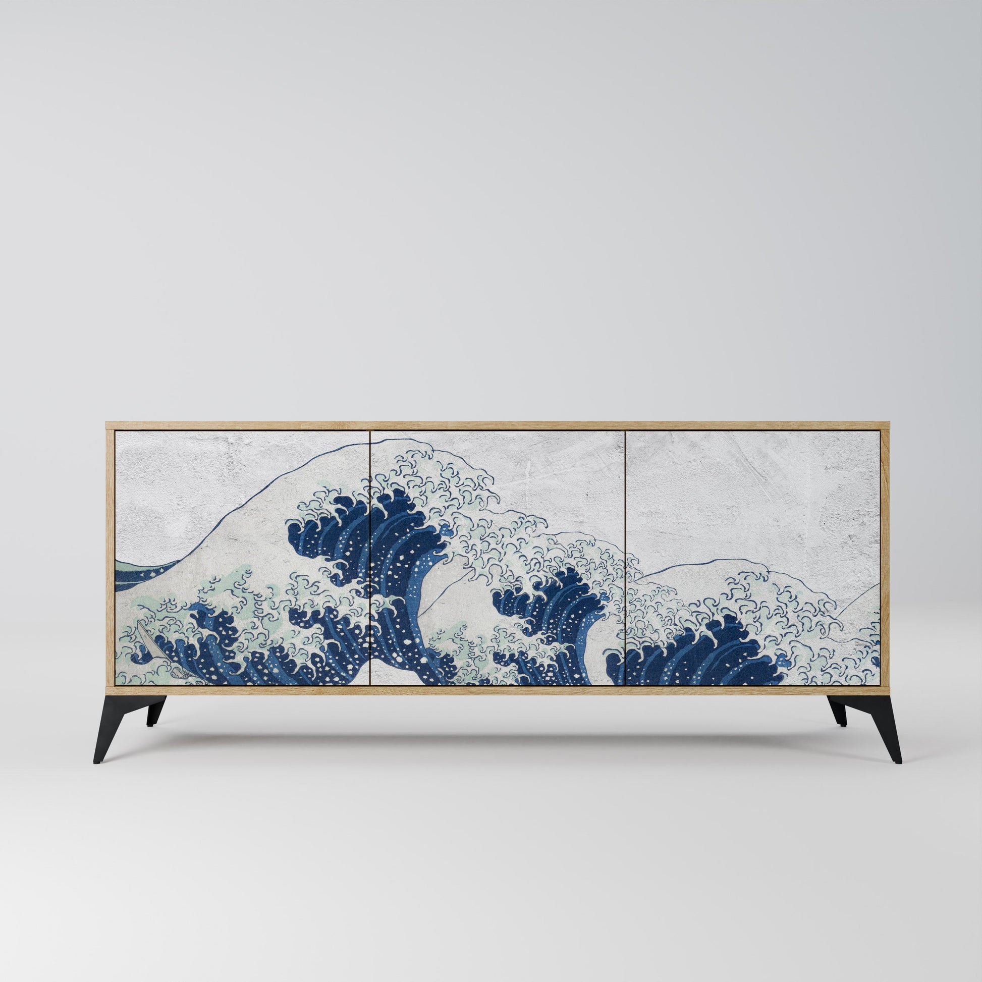 Buffet 3 portes LA GRANDE VAGUE DE KANAGAWA effet chêne