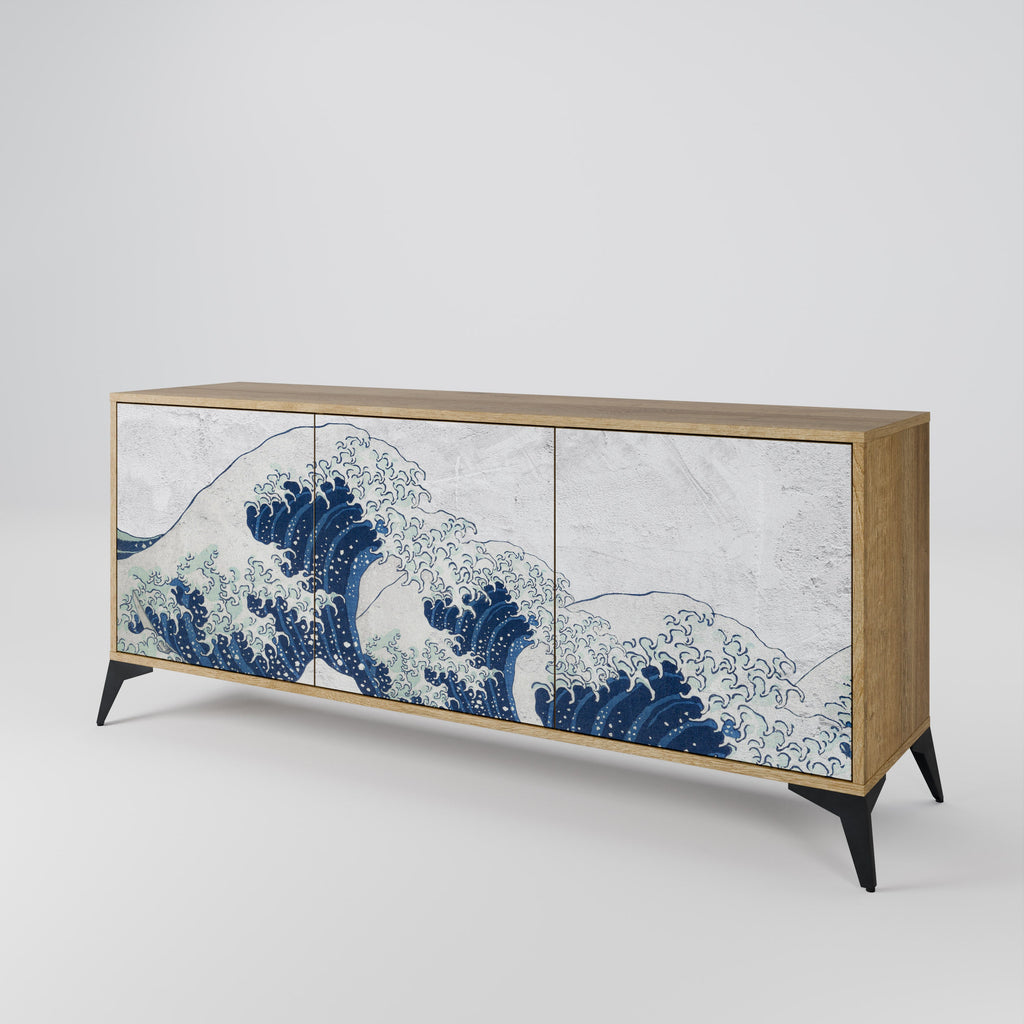 Buffet 3 portes LA GRANDE VAGUE DE KANAGAWA effet chêne