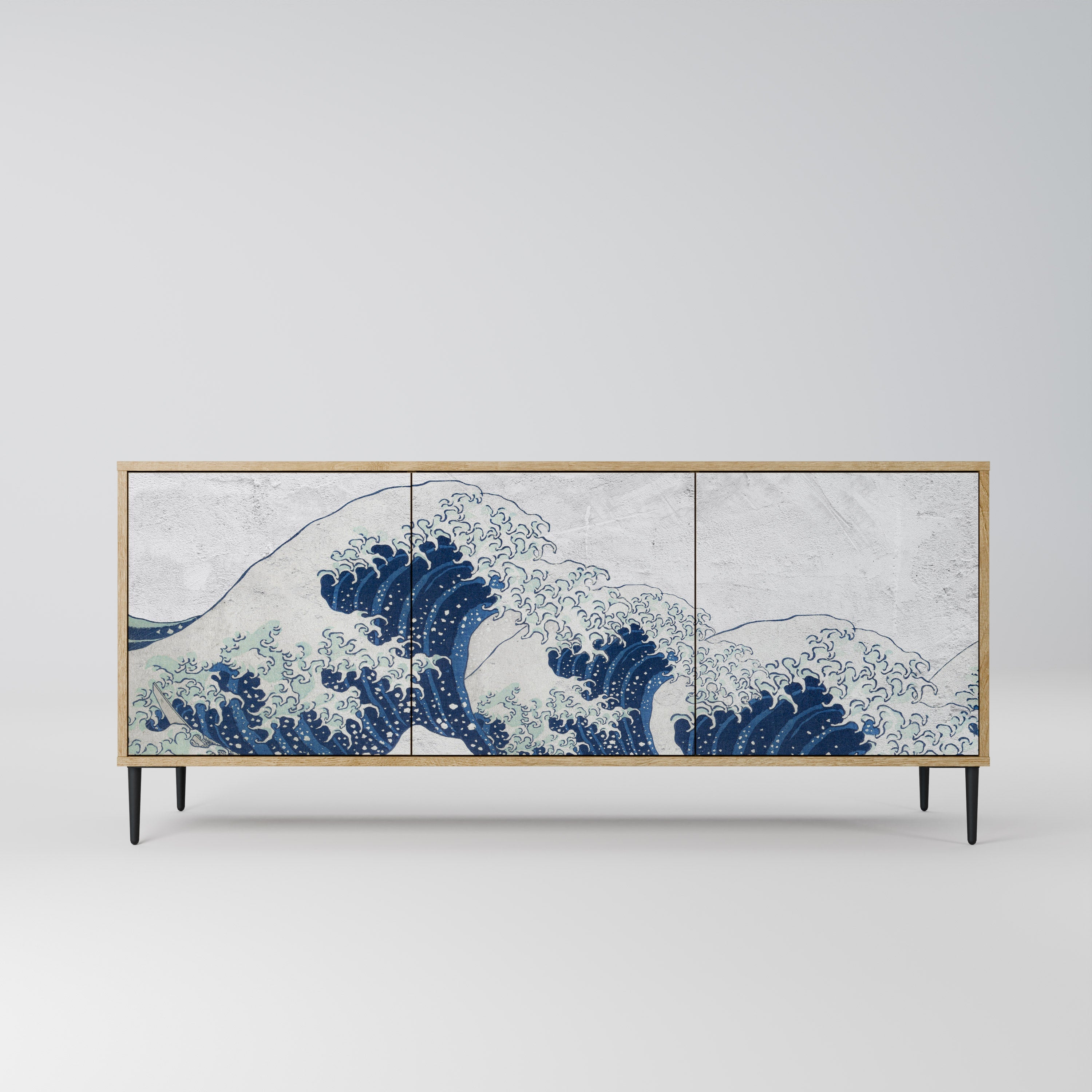 Buffet 3 portes LA GRANDE VAGUE DE KANAGAWA effet chêne
