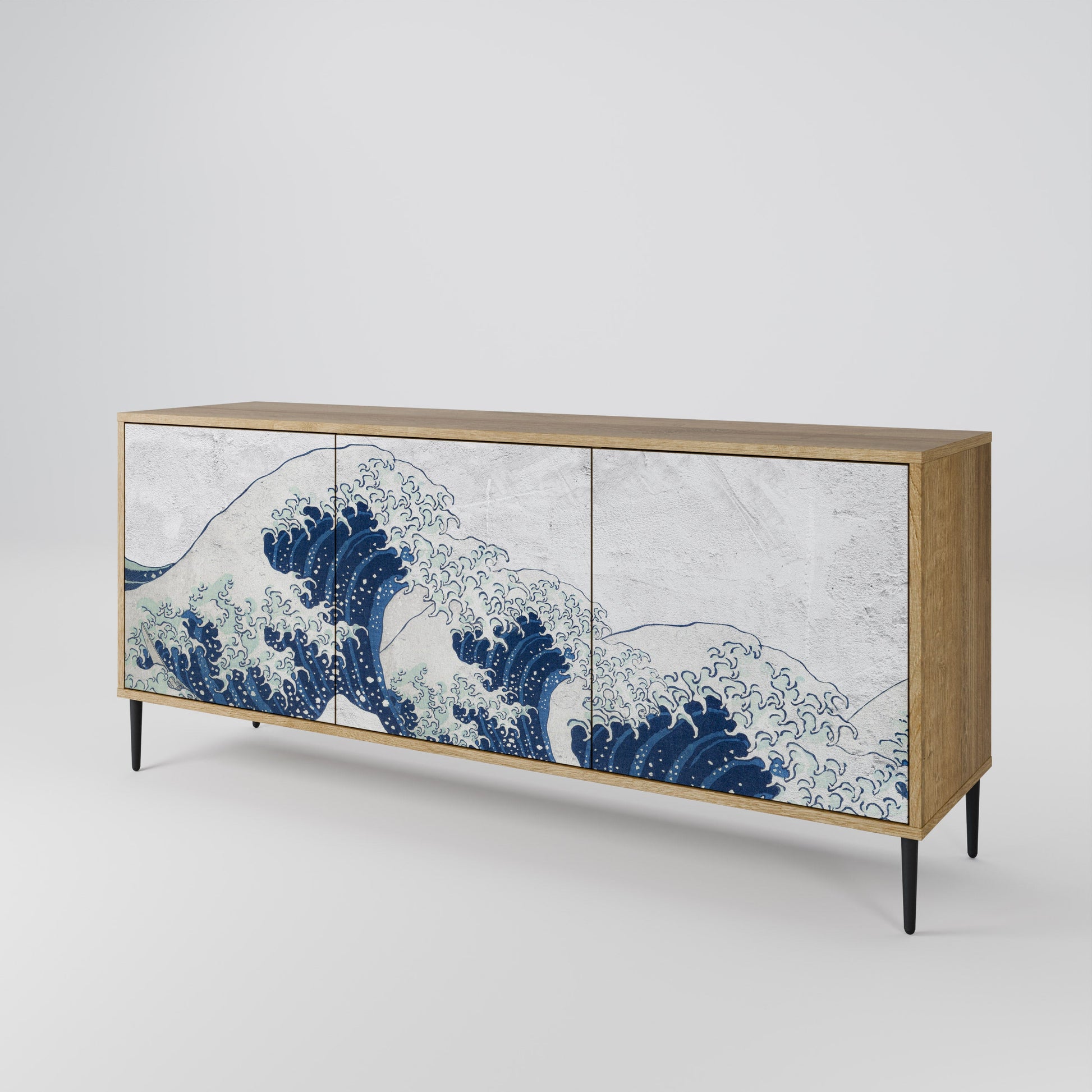 Buffet 3 portes LA GRANDE VAGUE DE KANAGAWA effet chêne
