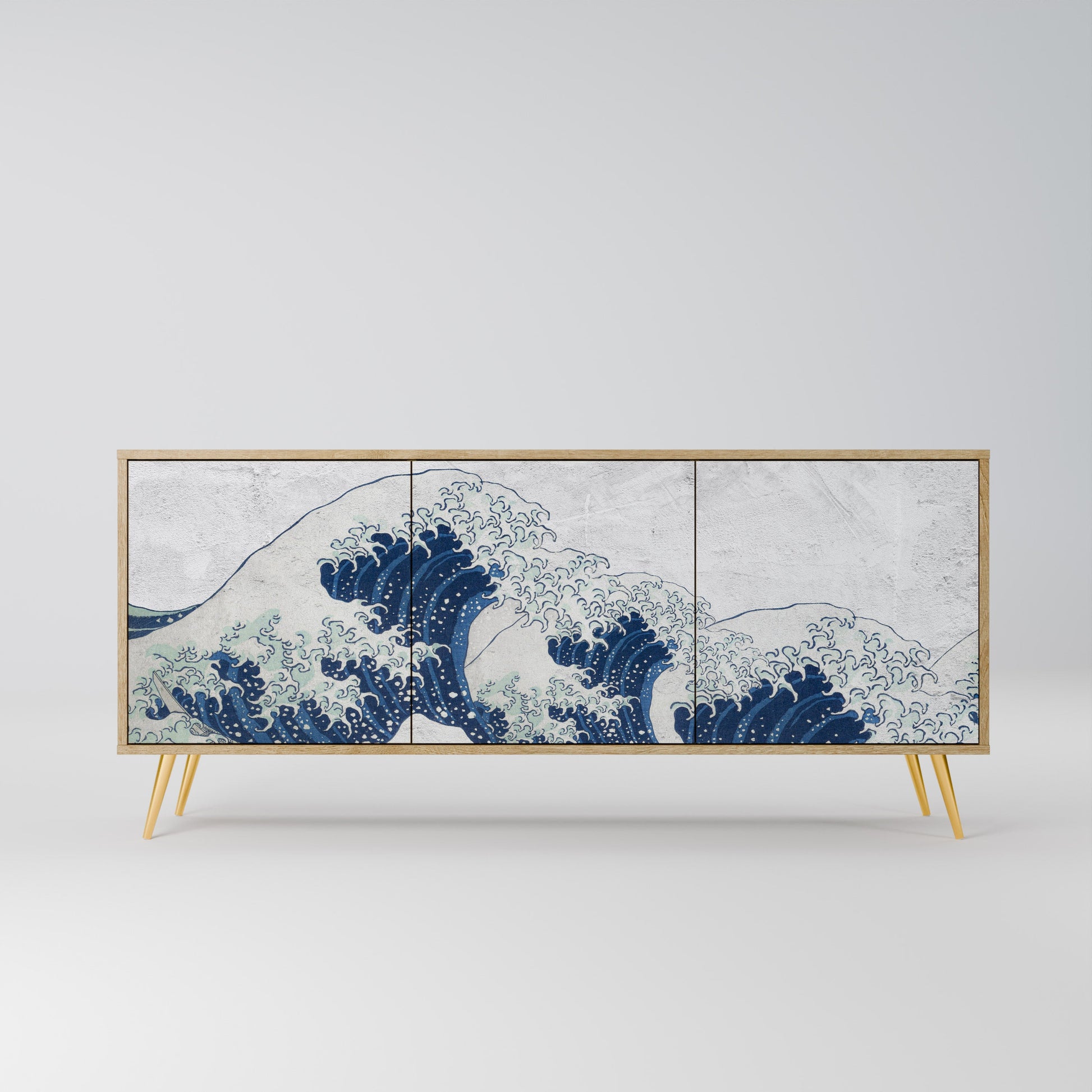 Buffet 3 portes LA GRANDE VAGUE DE KANAGAWA effet chêne
