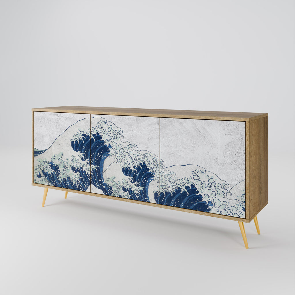 Buffet 3 portes LA GRANDE VAGUE DE KANAGAWA effet chêne