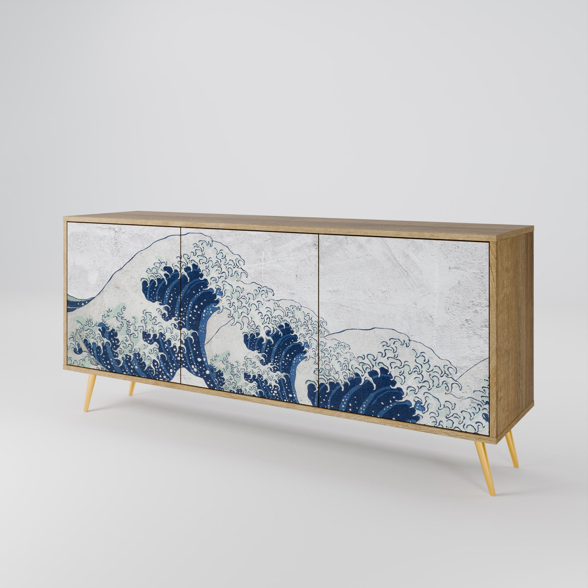 Buffet 3 portes LA GRANDE VAGUE DE KANAGAWA effet chêne
