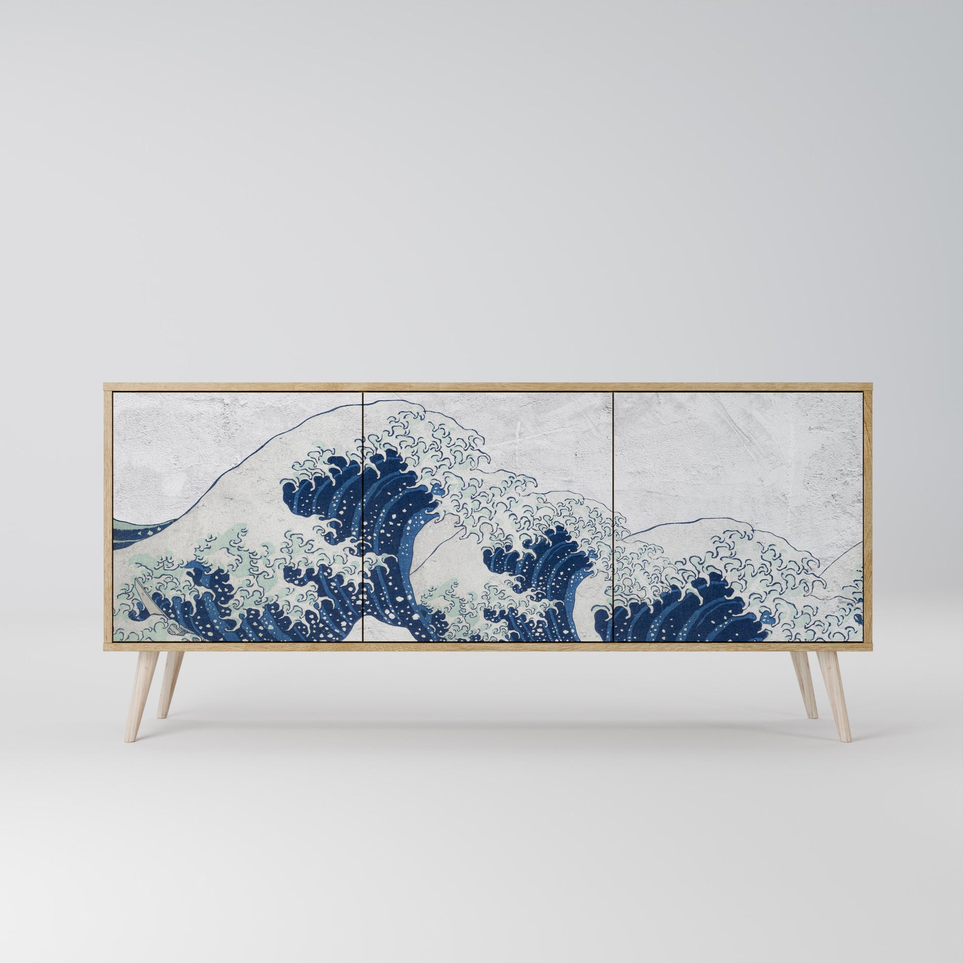 Buffet 3 portes LA GRANDE VAGUE DE KANAGAWA effet chêne