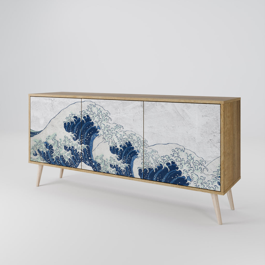 Buffet 3 portes LA GRANDE VAGUE DE KANAGAWA effet chêne