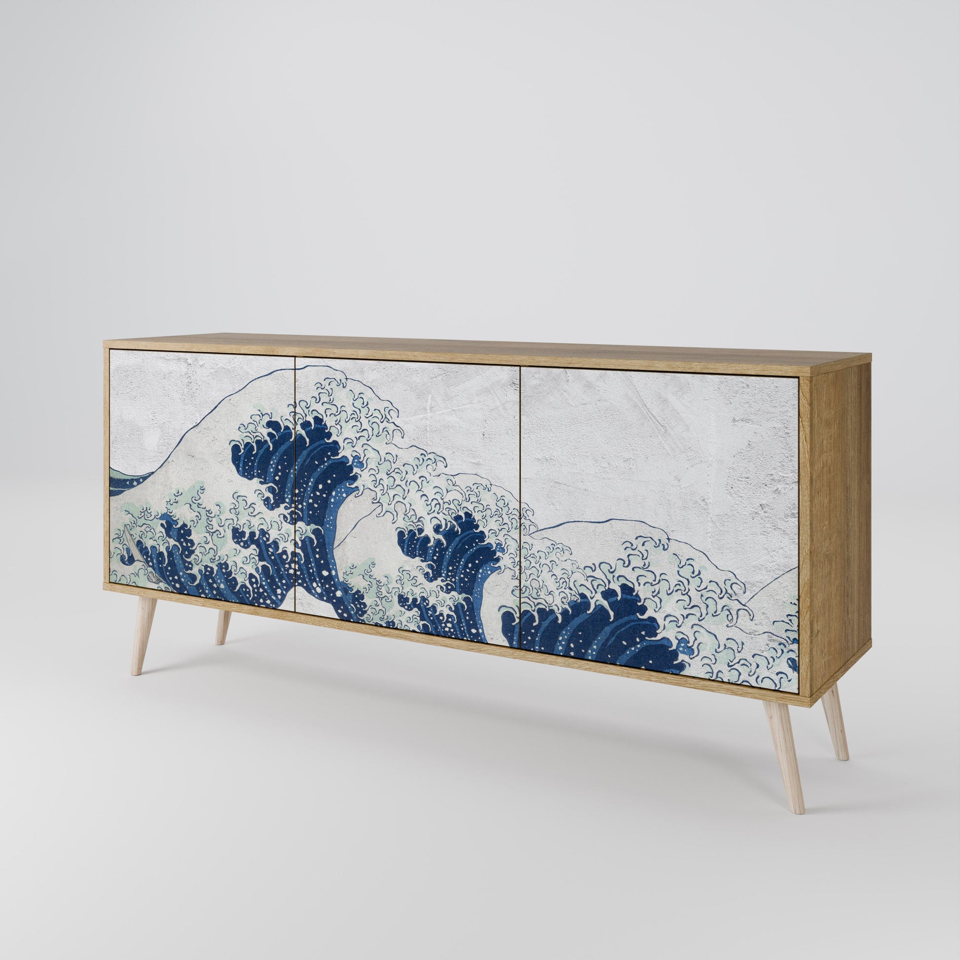 Buffet 3 portes LA GRANDE VAGUE DE KANAGAWA effet chêne