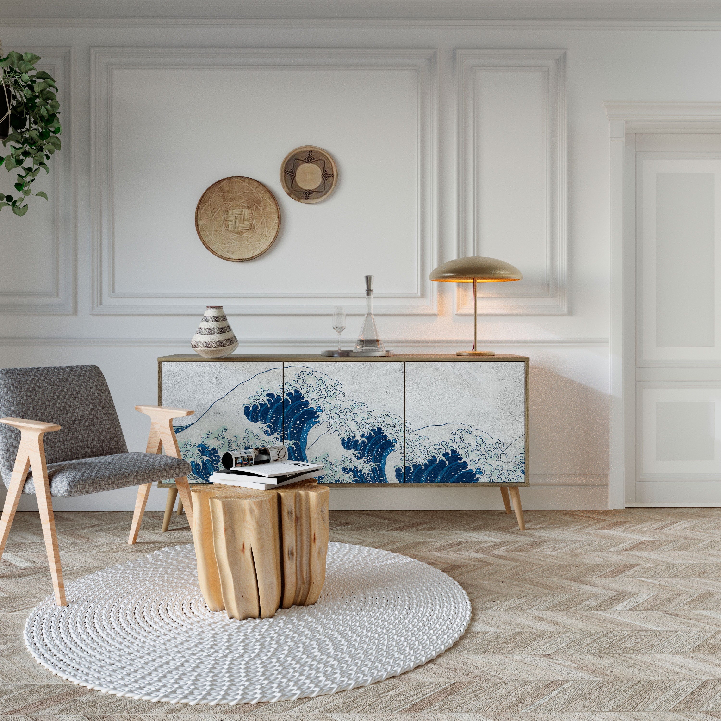 Buffet 3 portes LA GRANDE VAGUE DE KANAGAWA effet chêne