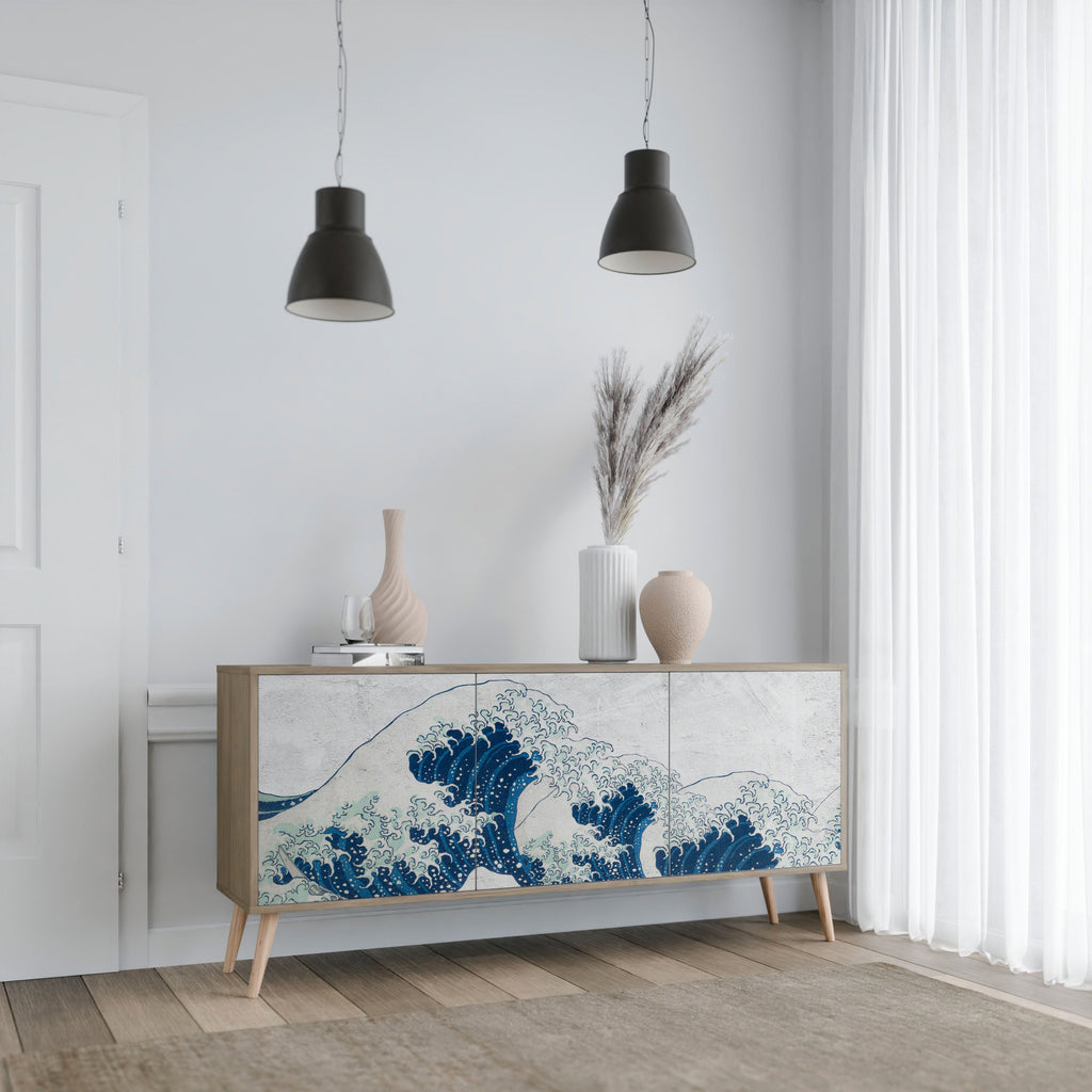 Buffet 3 portes LA GRANDE VAGUE DE KANAGAWA effet chêne