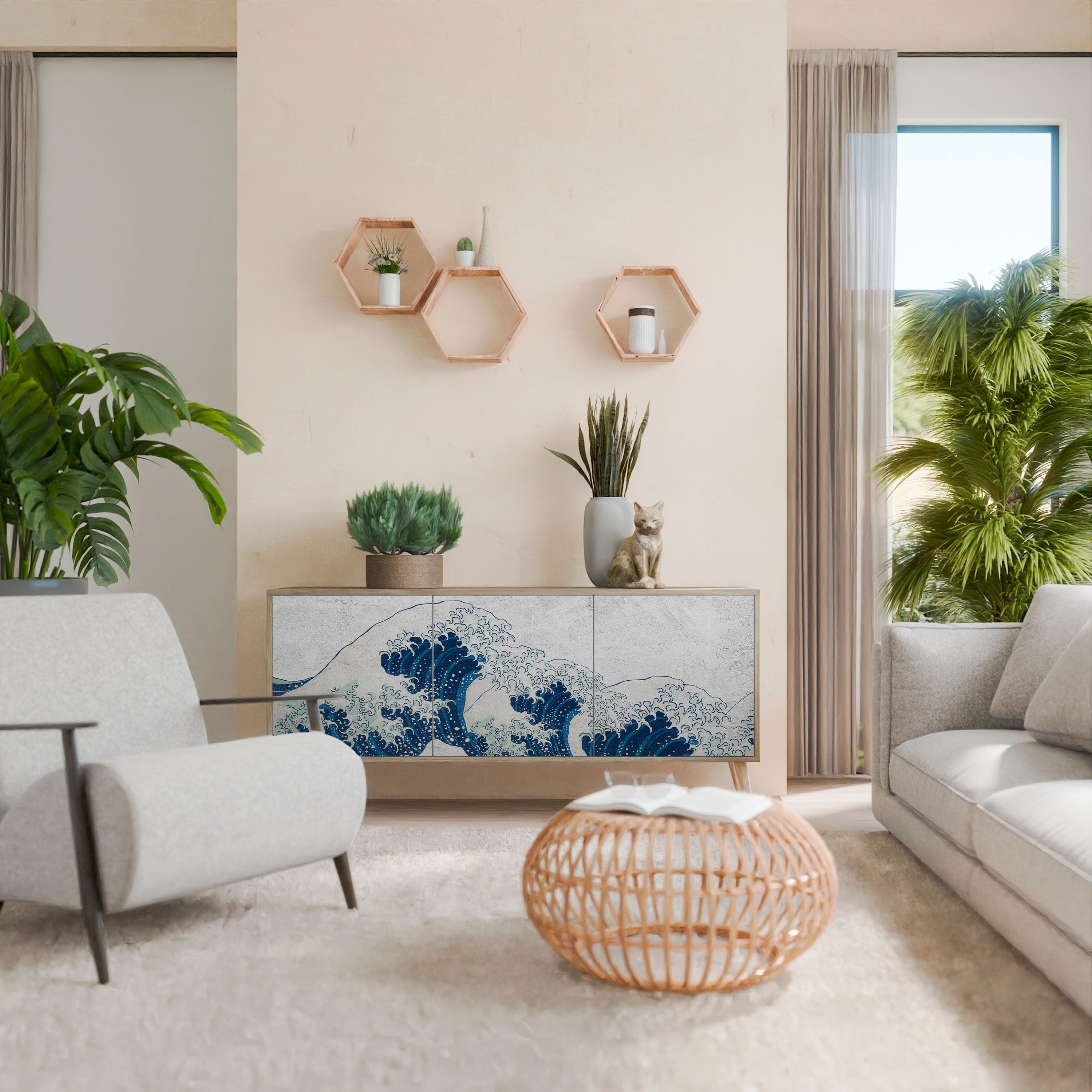 Buffet 3 portes LA GRANDE VAGUE DE KANAGAWA effet chêne