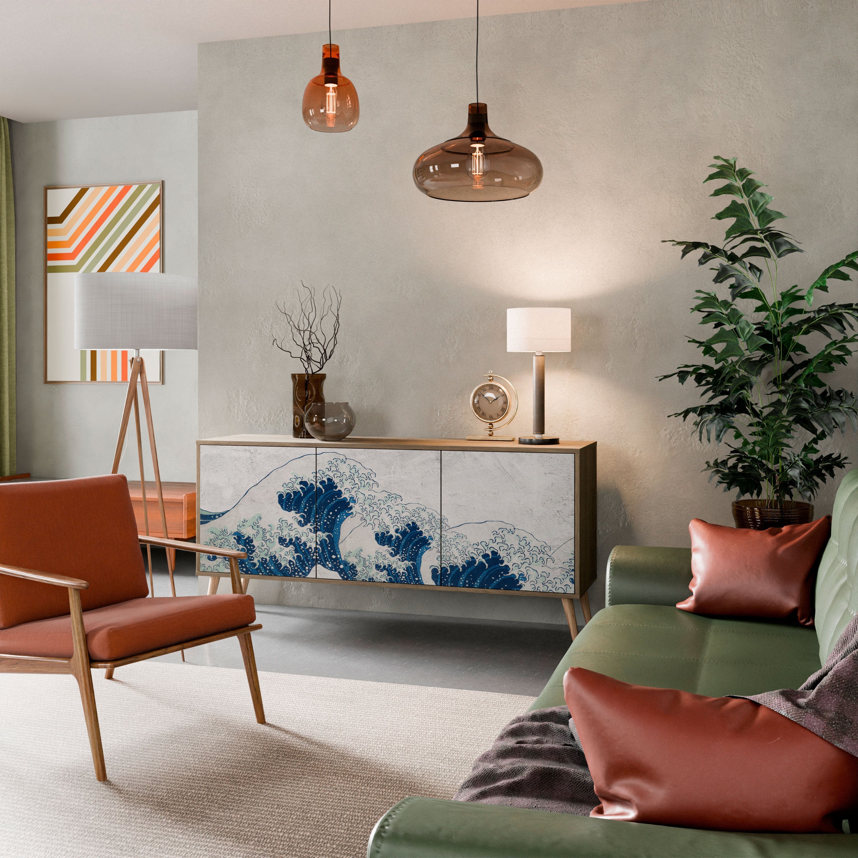 Buffet 3 portes LA GRANDE VAGUE DE KANAGAWA effet chêne