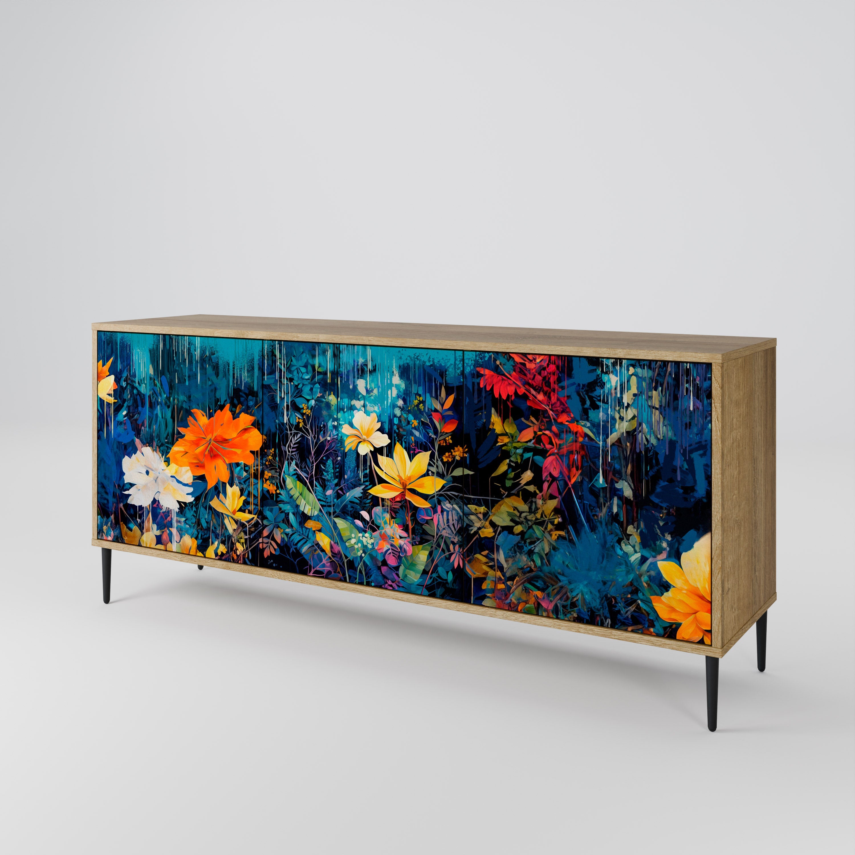 Buffet 3 portes MIDNIGHT BLOSSOM effet chêne
