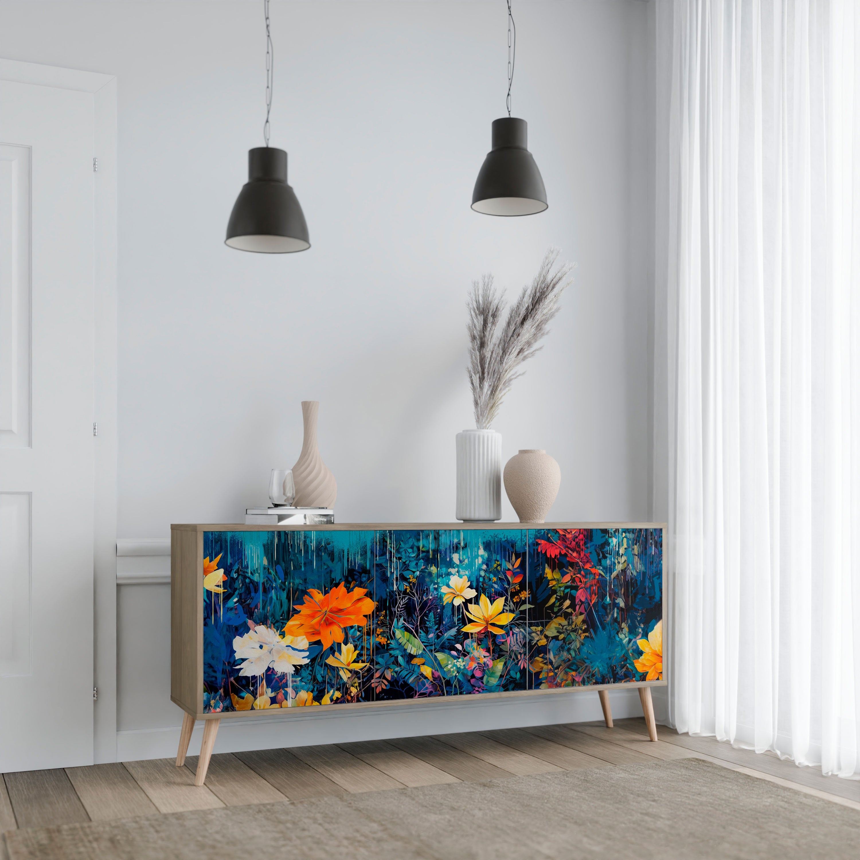 Buffet 3 portes MIDNIGHT BLOSSOM effet chêne