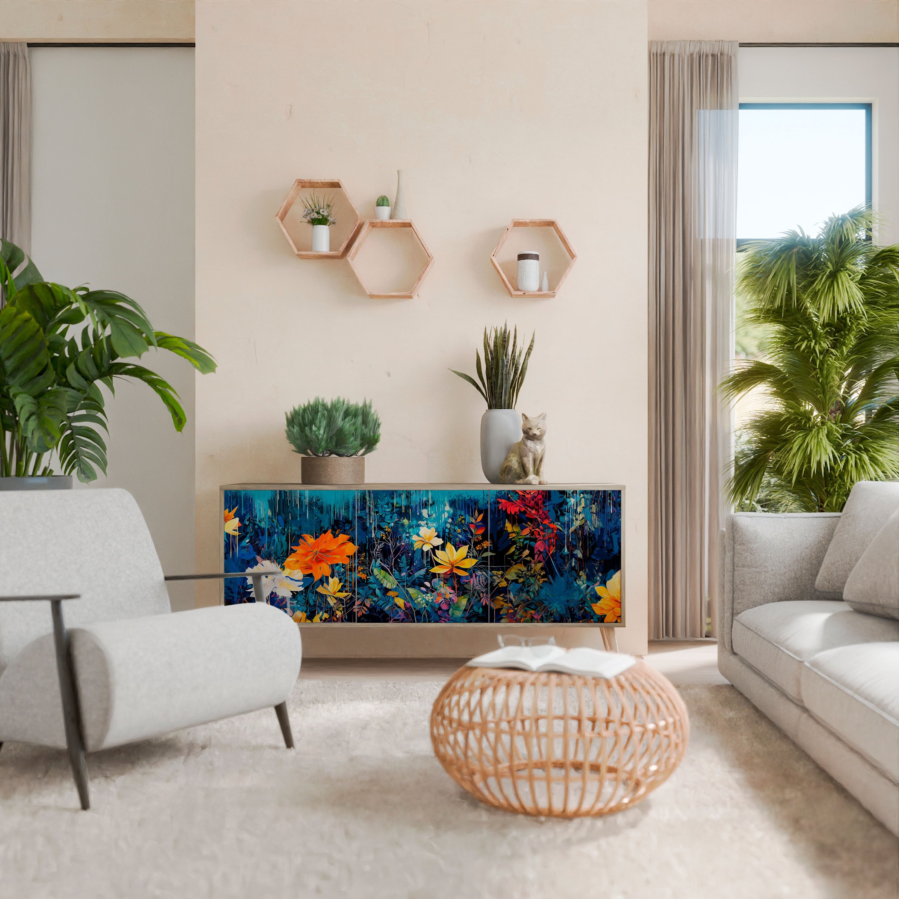 Buffet 3 portes MIDNIGHT BLOSSOM effet chêne