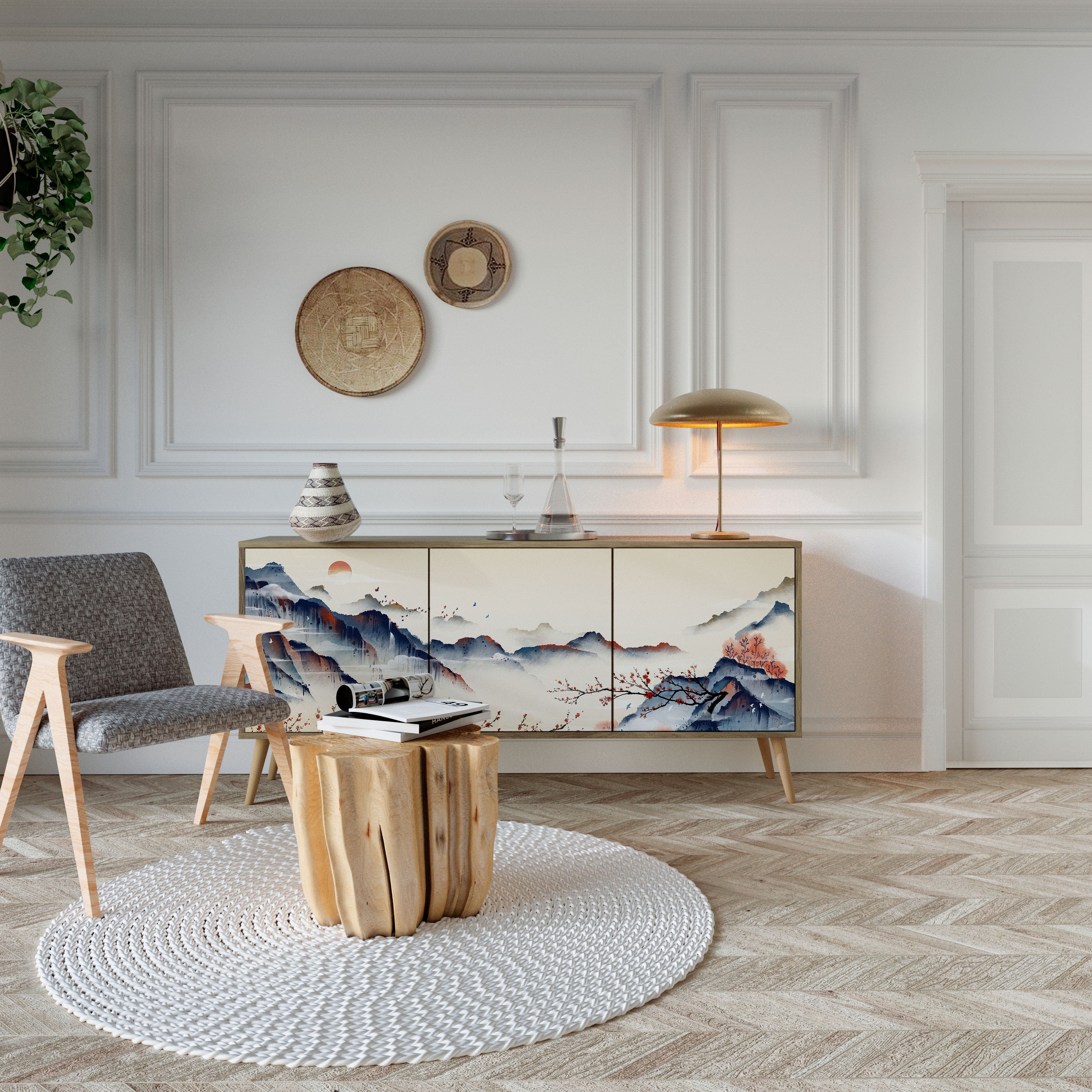 Buffet 3 portes effet chêne de style japonais