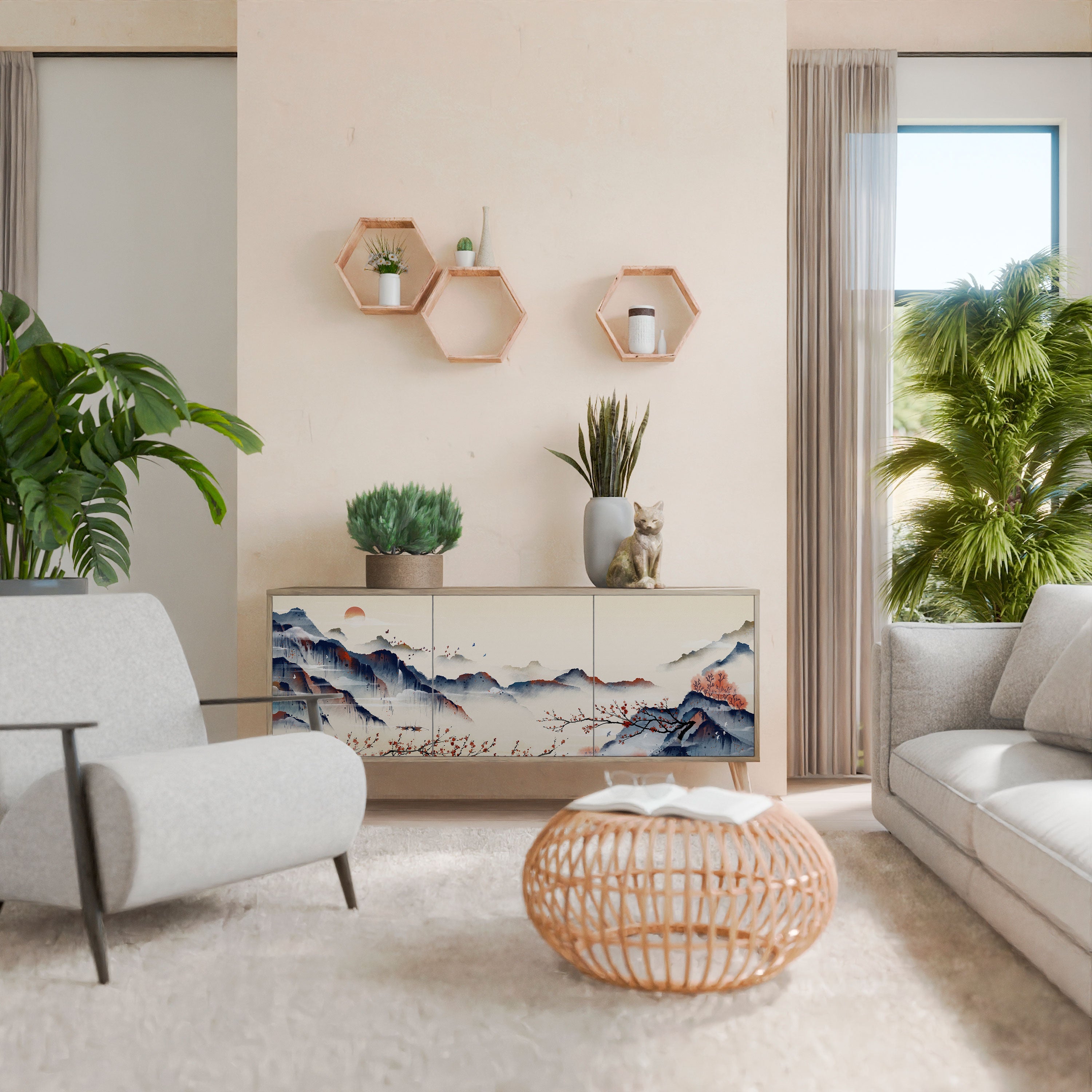 Buffet 3 portes effet chêne de style japonais