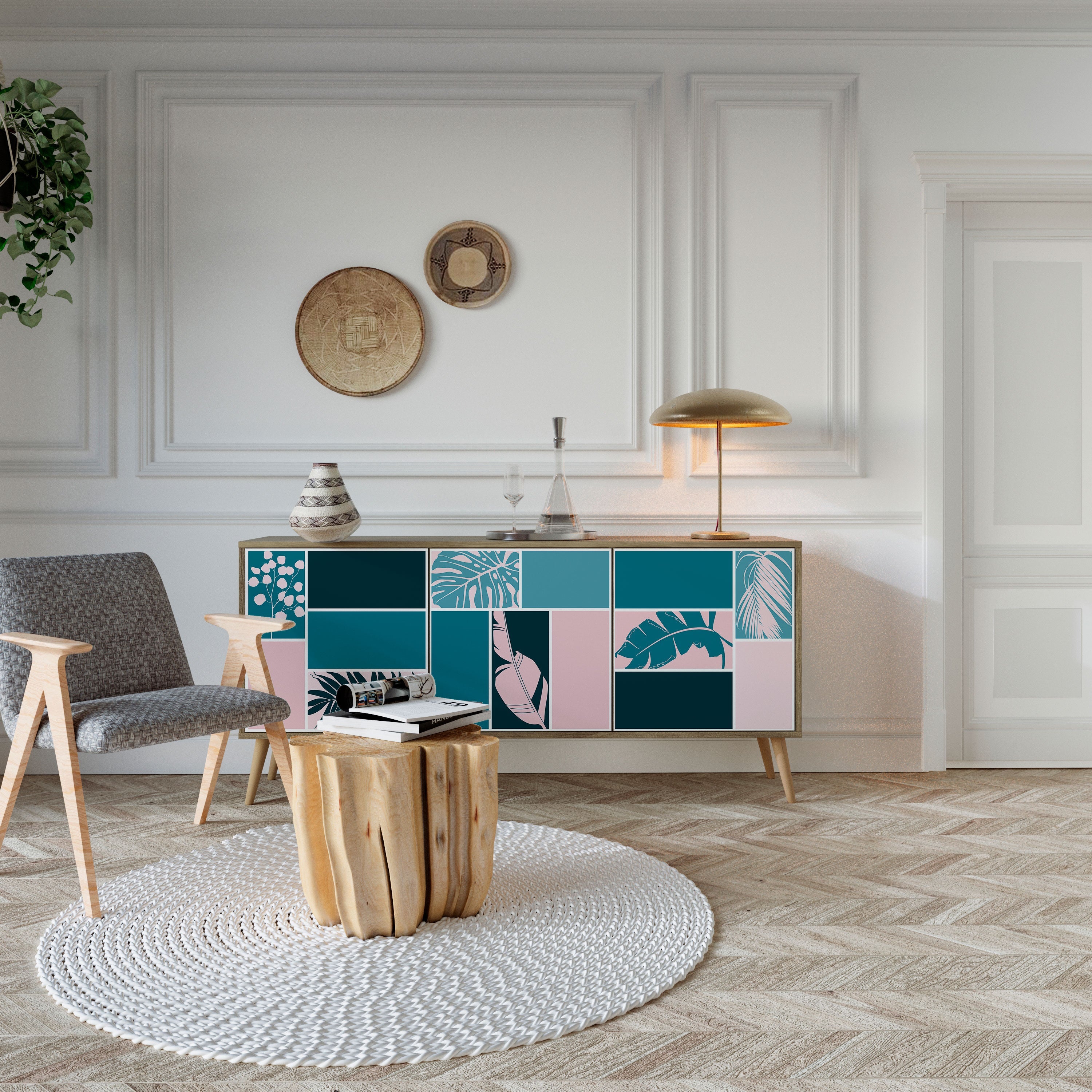 COMBINAISON DE FORMES Buffet 3 portes effet chêne