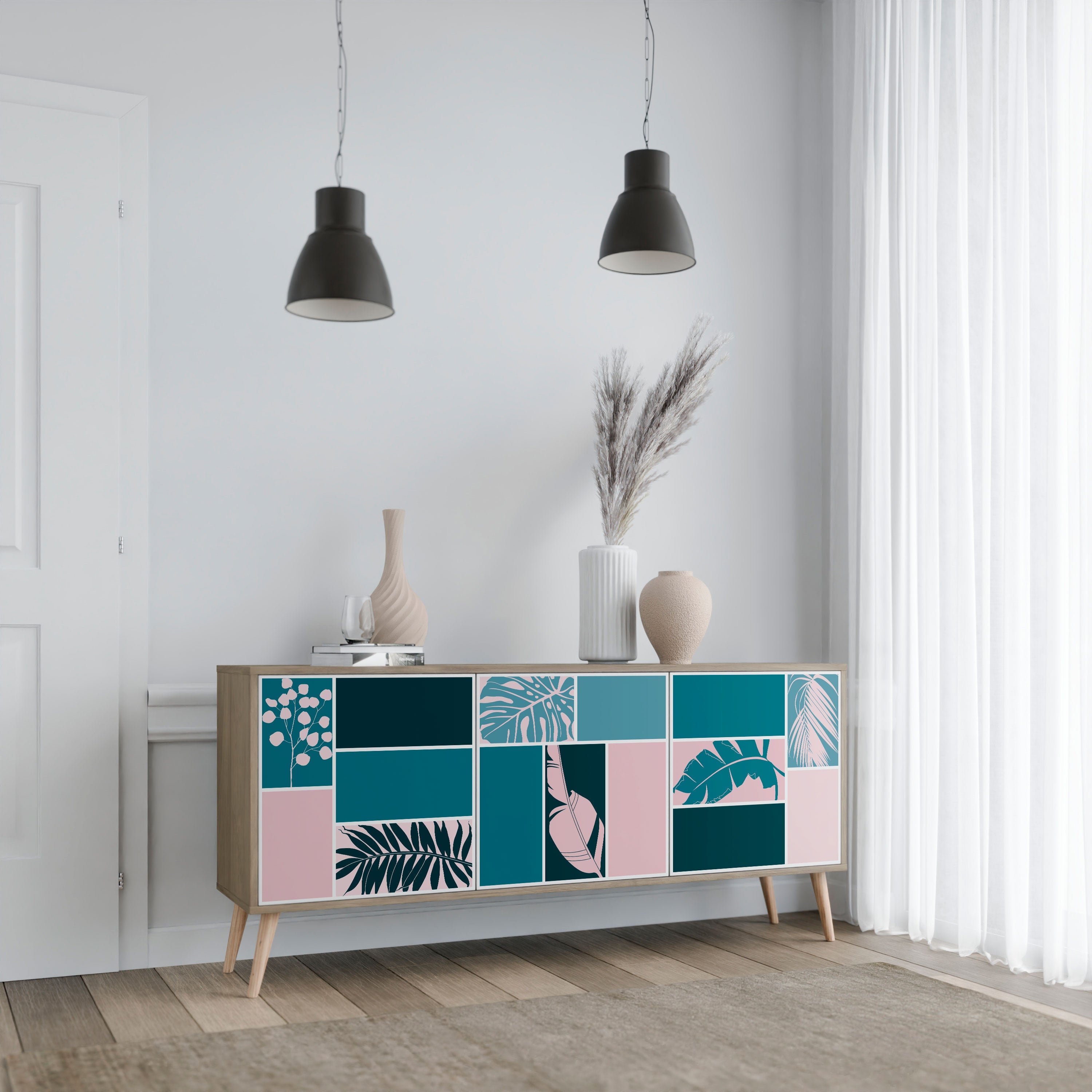 COMBINAISON DE FORMES Buffet 3 portes effet chêne