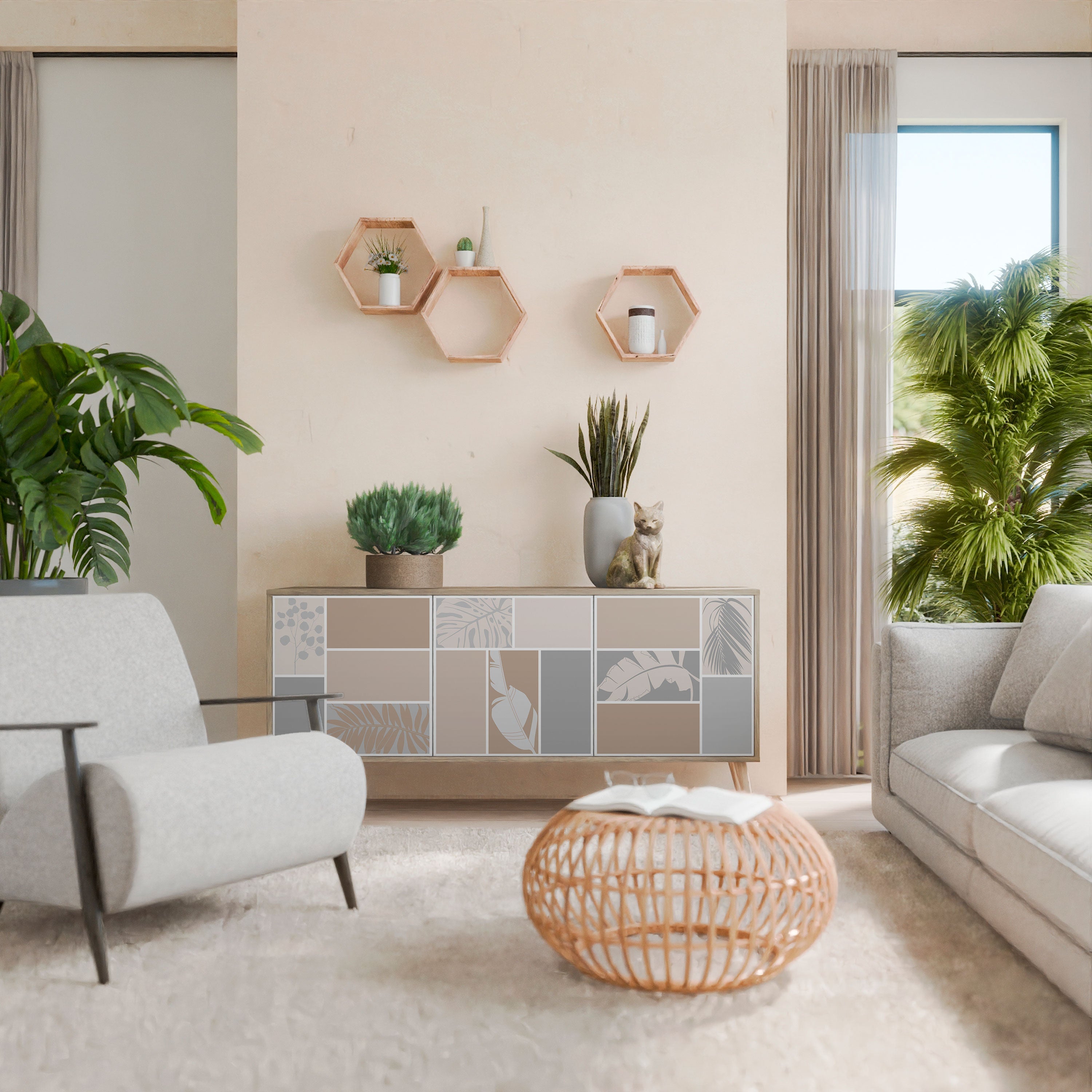 Buffet 3 portes FORMES TROPICALES effet chêne