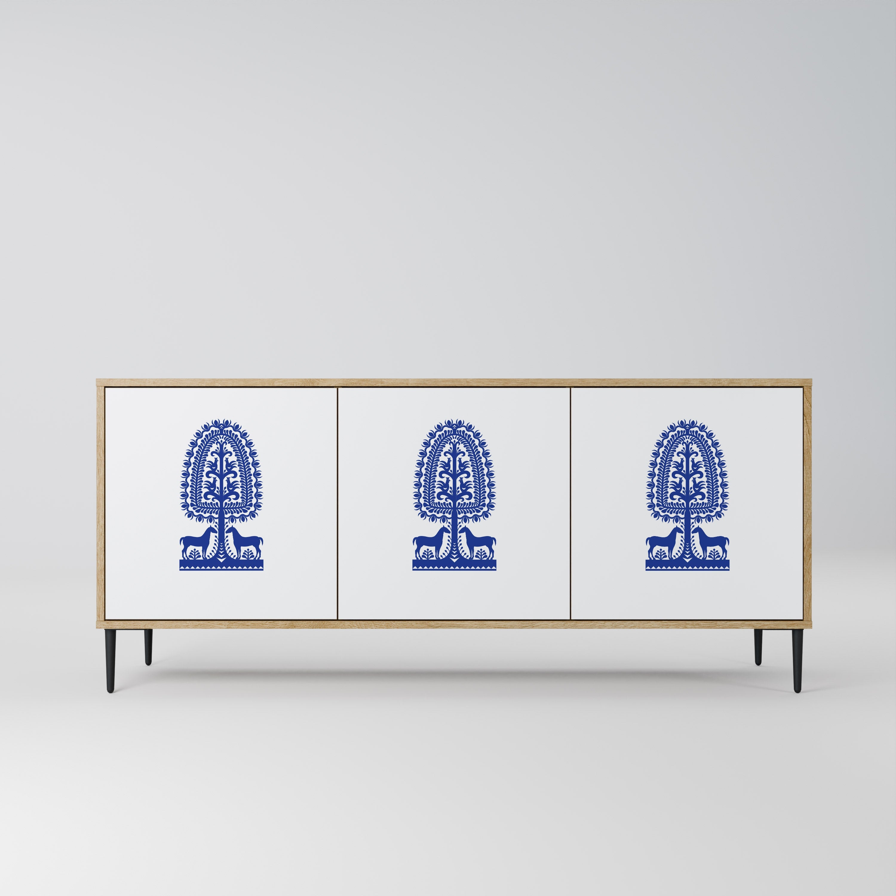 Buffet 3 portes effet chêne, style art populaire polonais