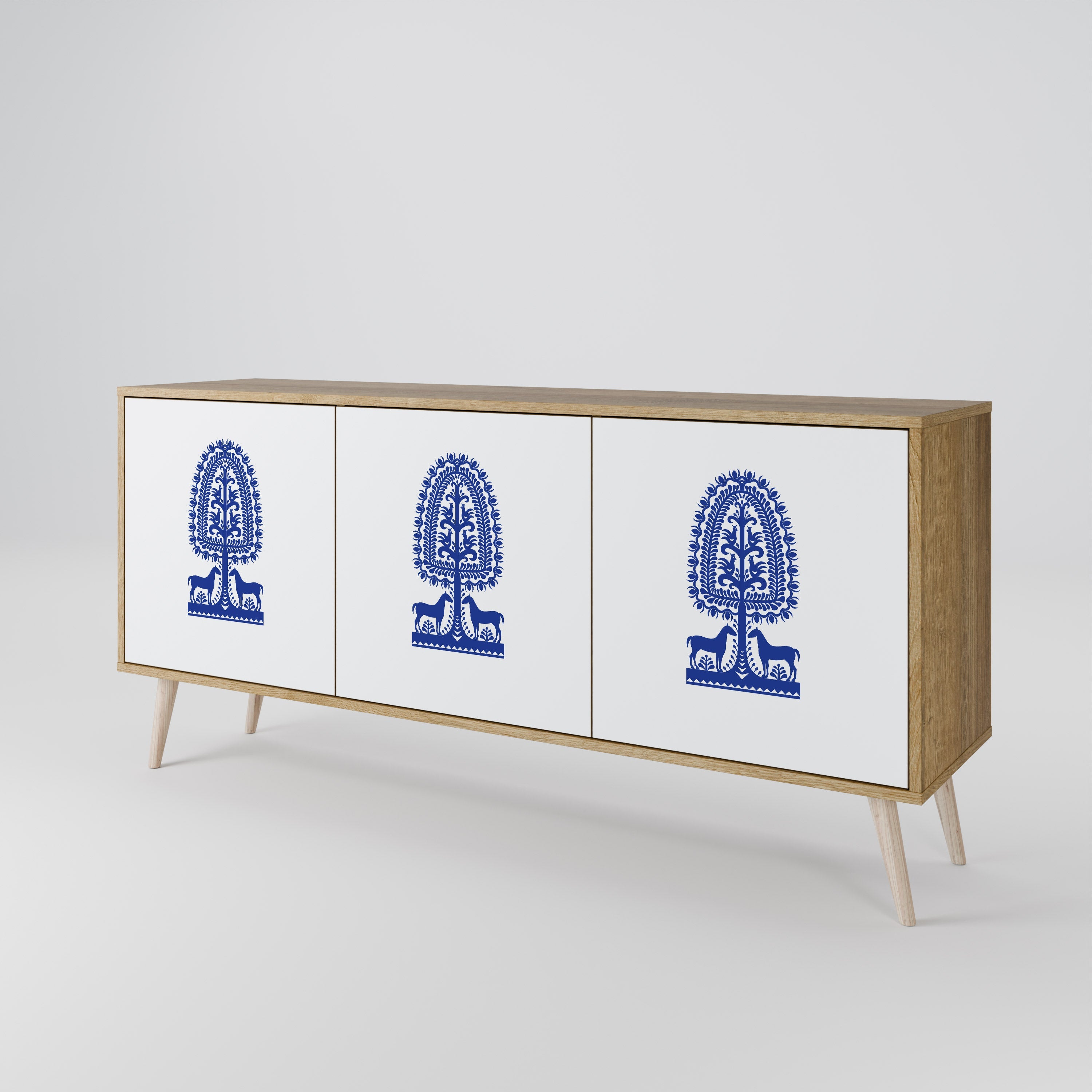 Buffet 3 portes effet chêne, style art populaire polonais