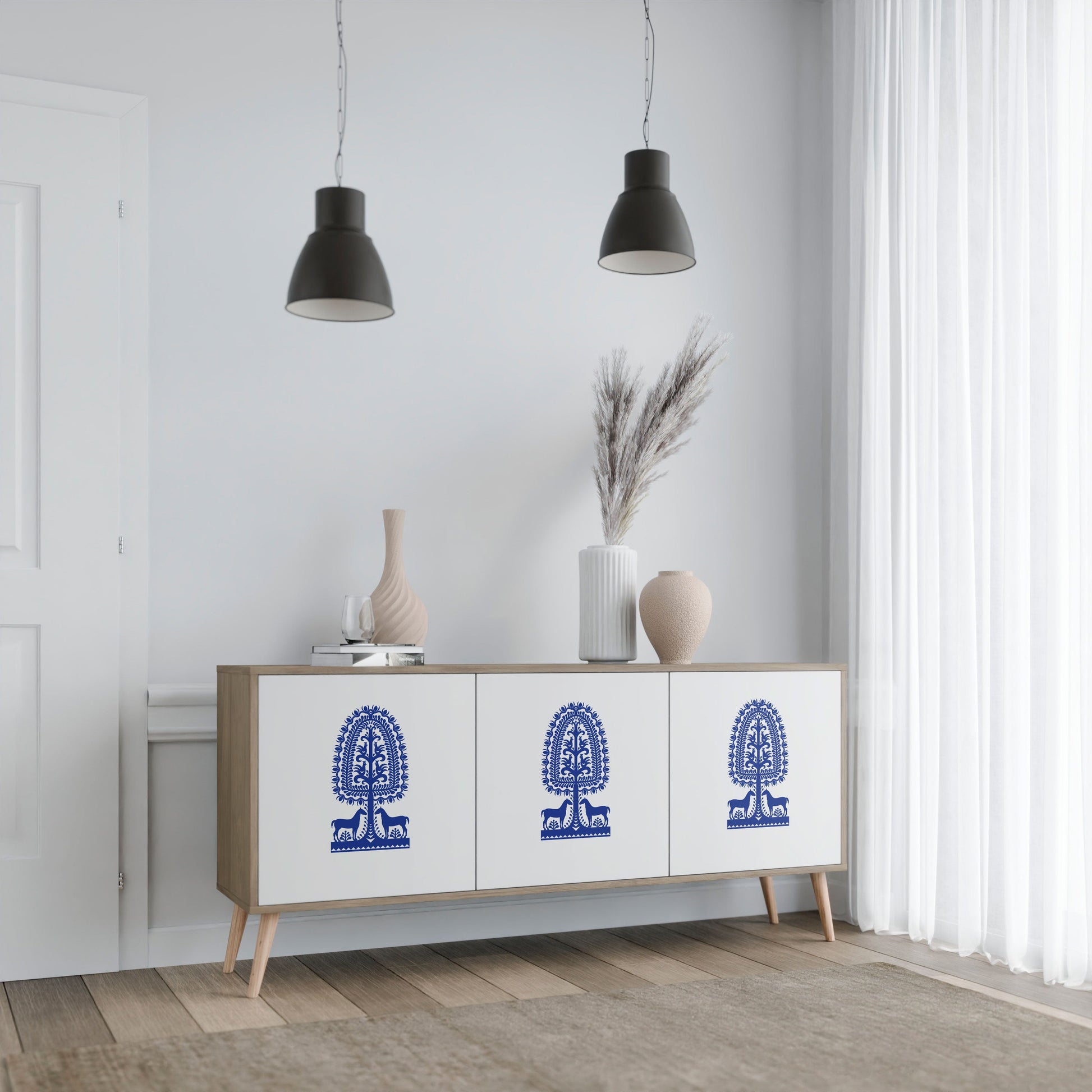 Buffet 3 portes effet chêne, style art populaire polonais