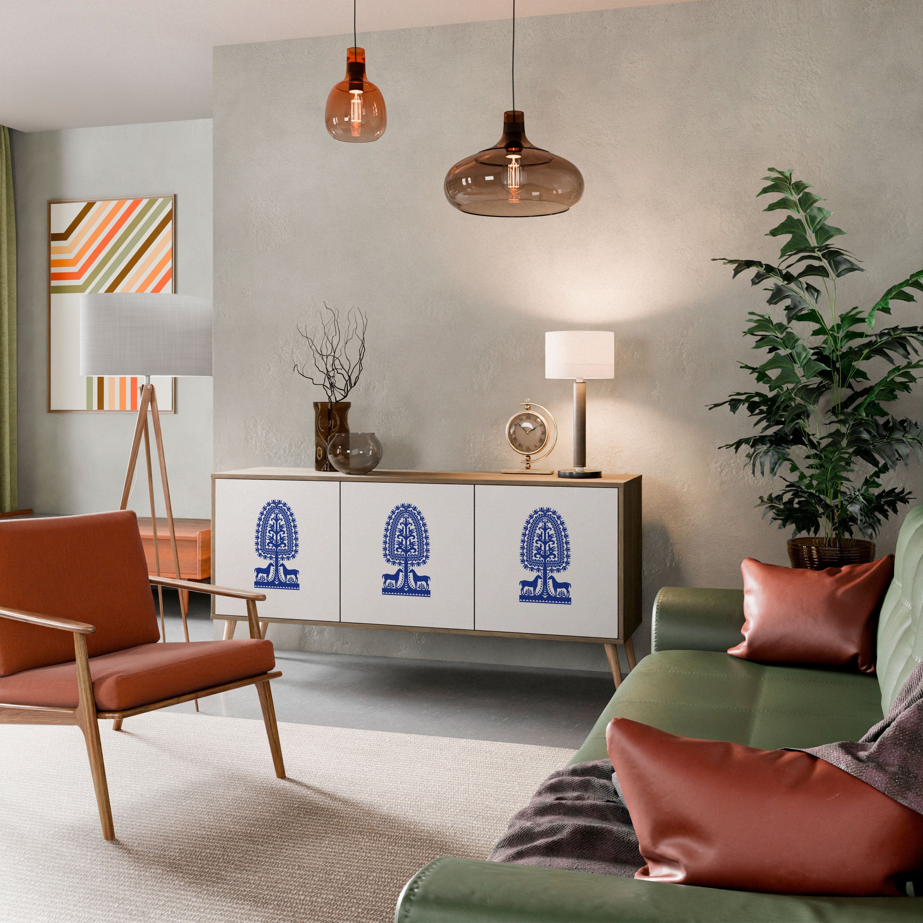 Buffet 3 portes effet chêne, style art populaire polonais