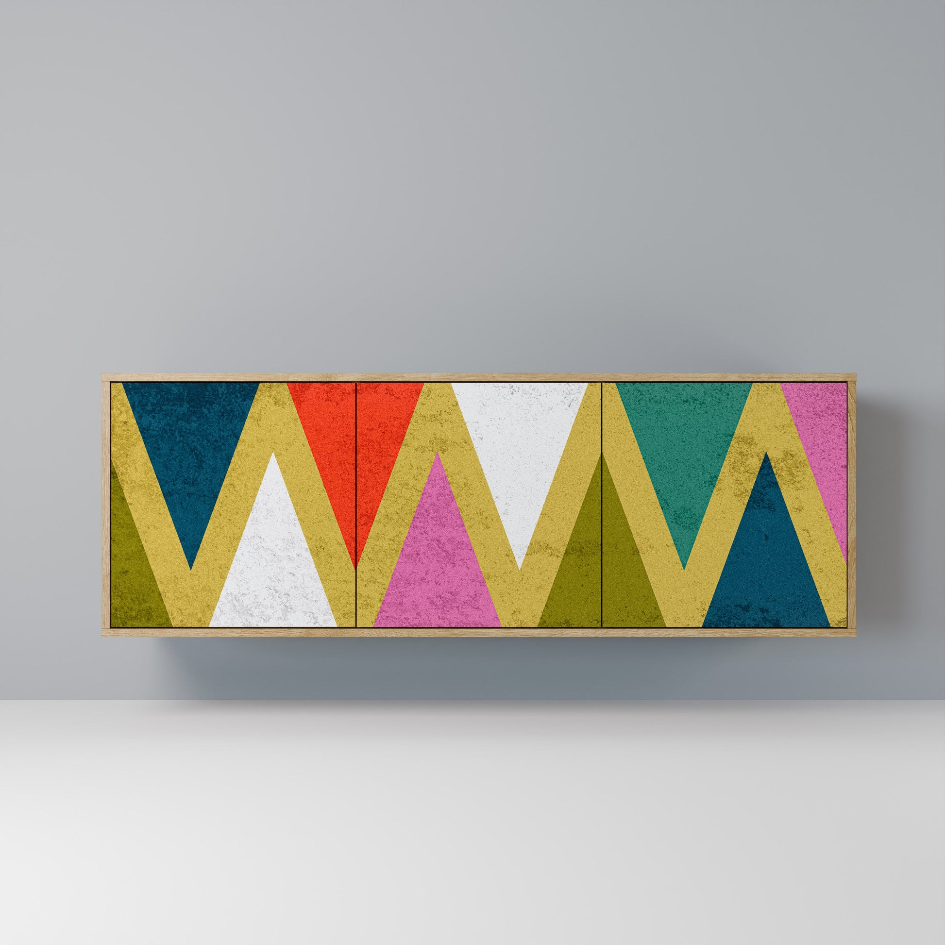 Buffet 3 portes TRIANGLES COLORÉS effet chêne