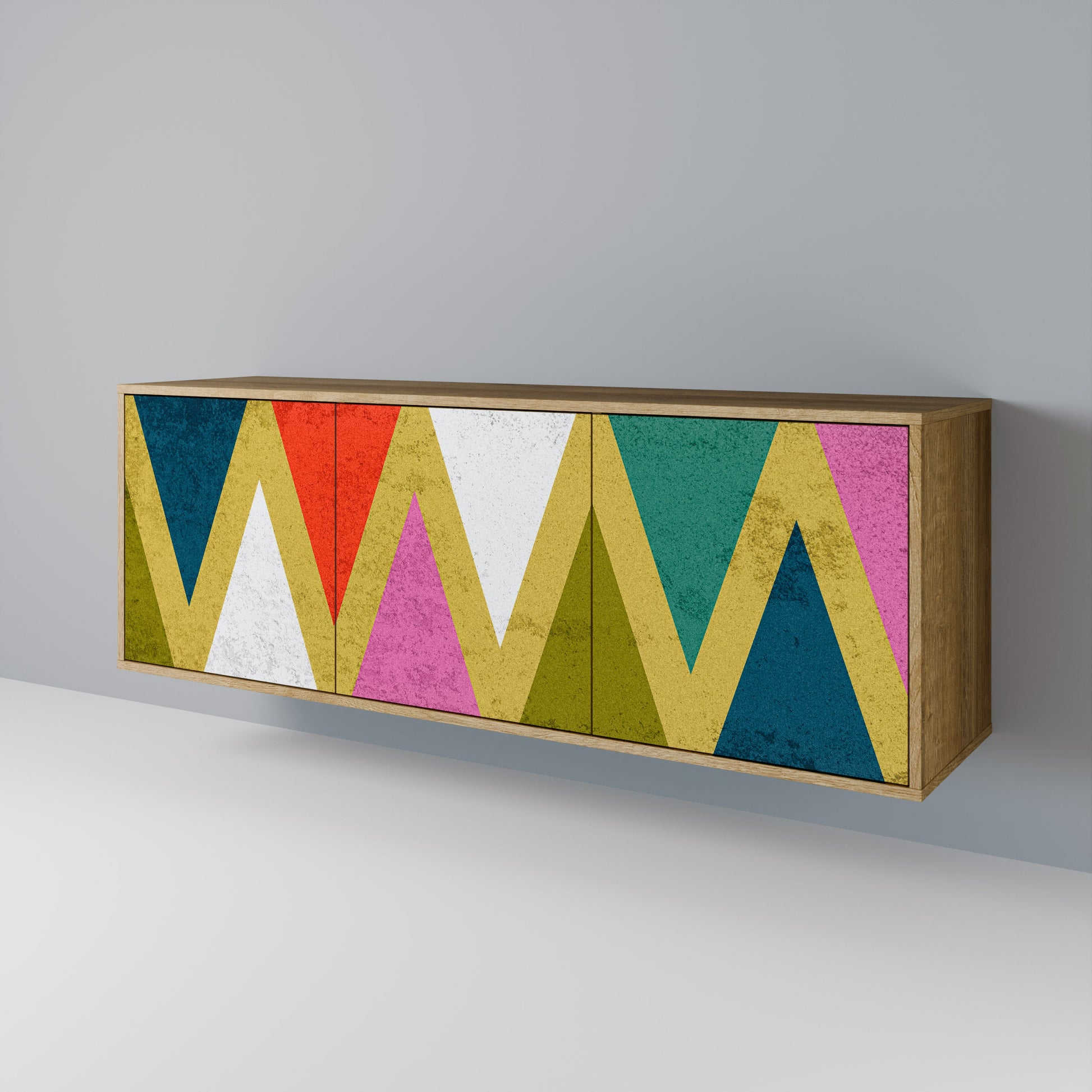 Buffet 3 portes TRIANGLES COLORÉS effet chêne