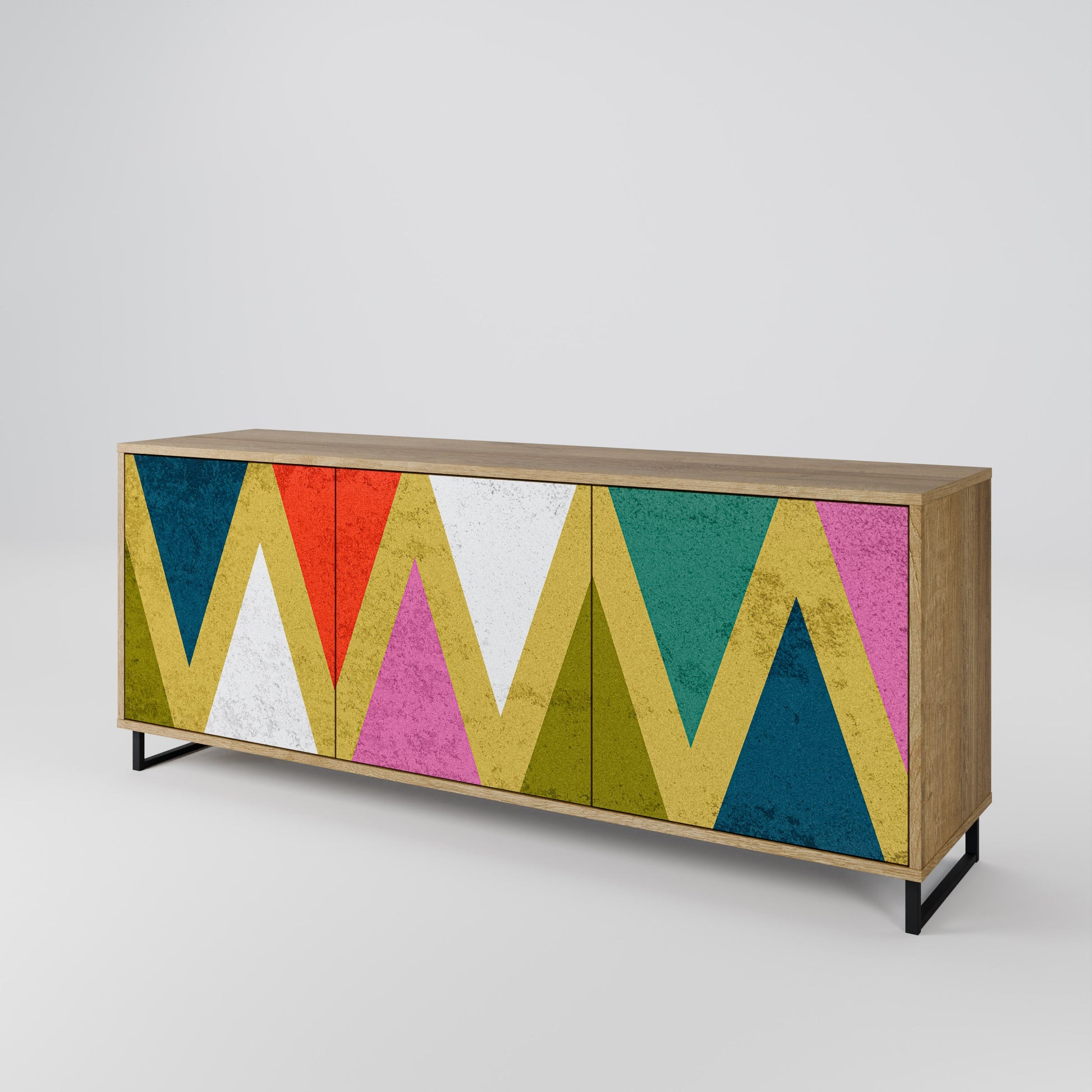 Buffet 3 portes TRIANGLES COLORÉS effet chêne