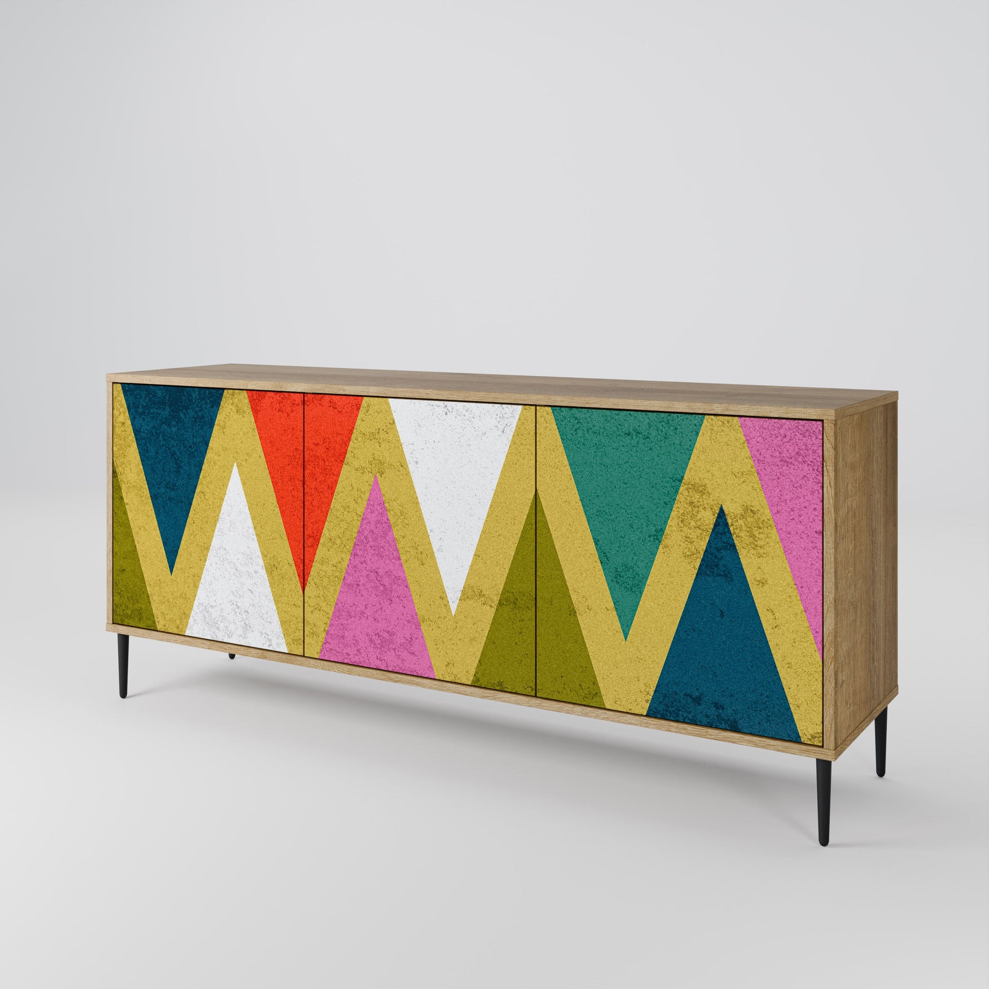 Buffet 3 portes TRIANGLES COLORÉS effet chêne