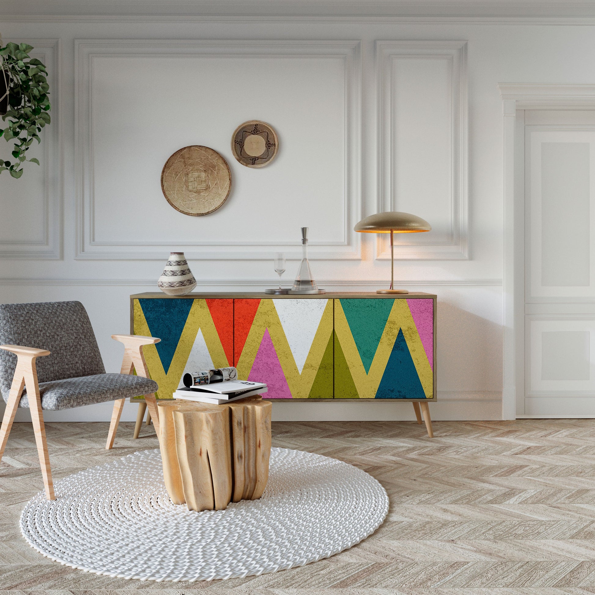 Buffet 3 portes TRIANGLES COLORÉS effet chêne