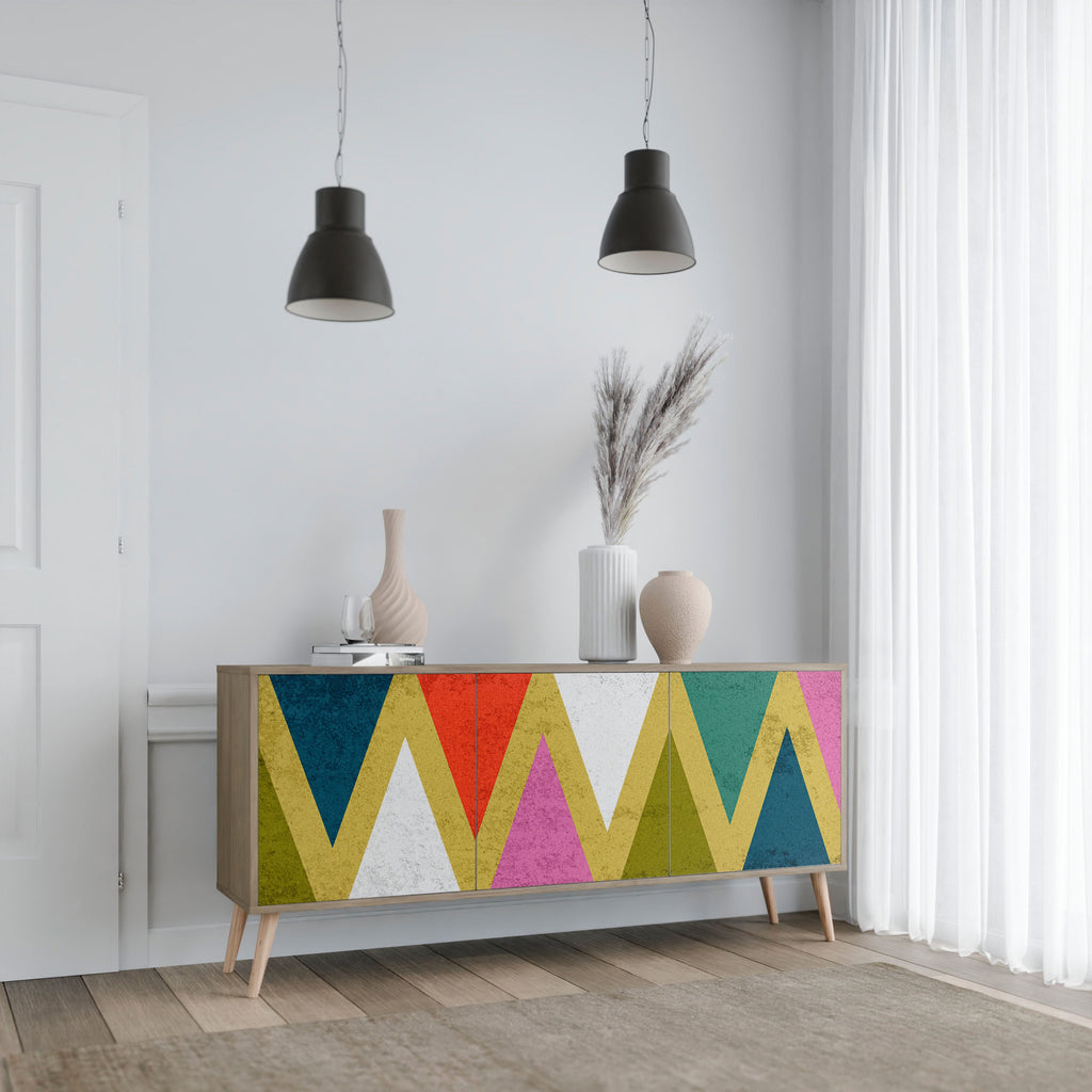 Buffet 3 portes TRIANGLES COLORÉS effet chêne