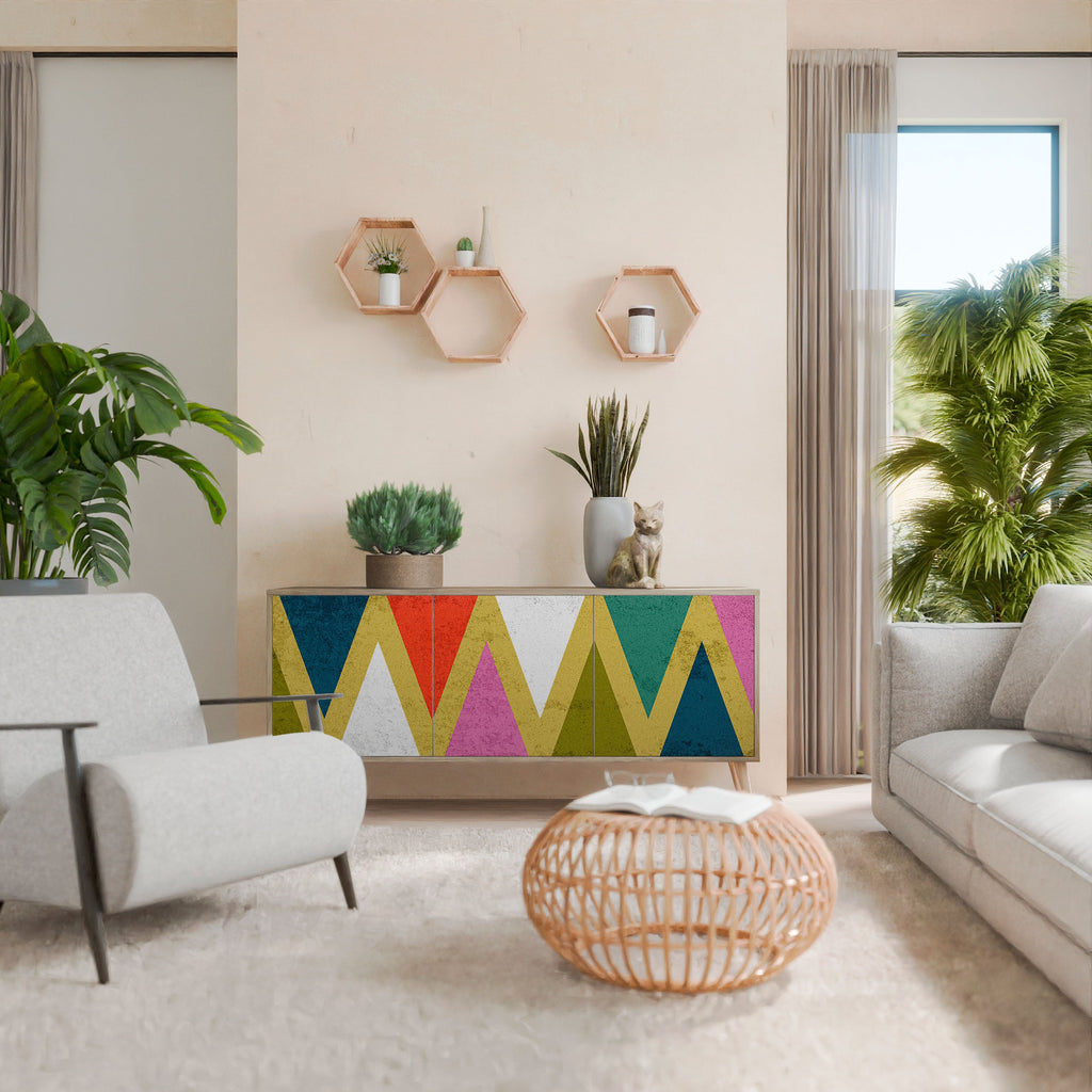 Buffet 3 portes TRIANGLES COLORÉS effet chêne