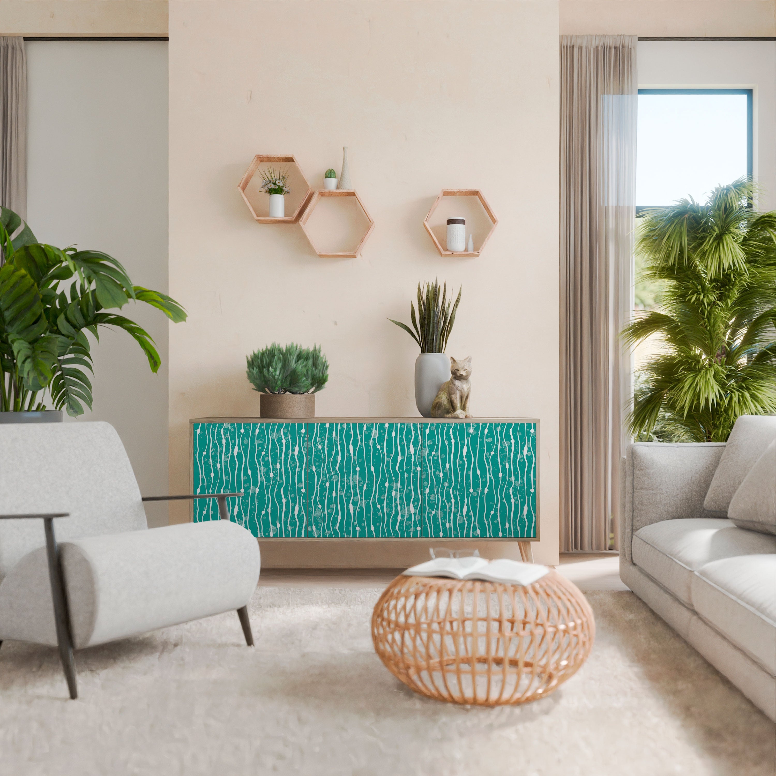 Buffet 3 portes TURQUOISE RAIN effet chêne